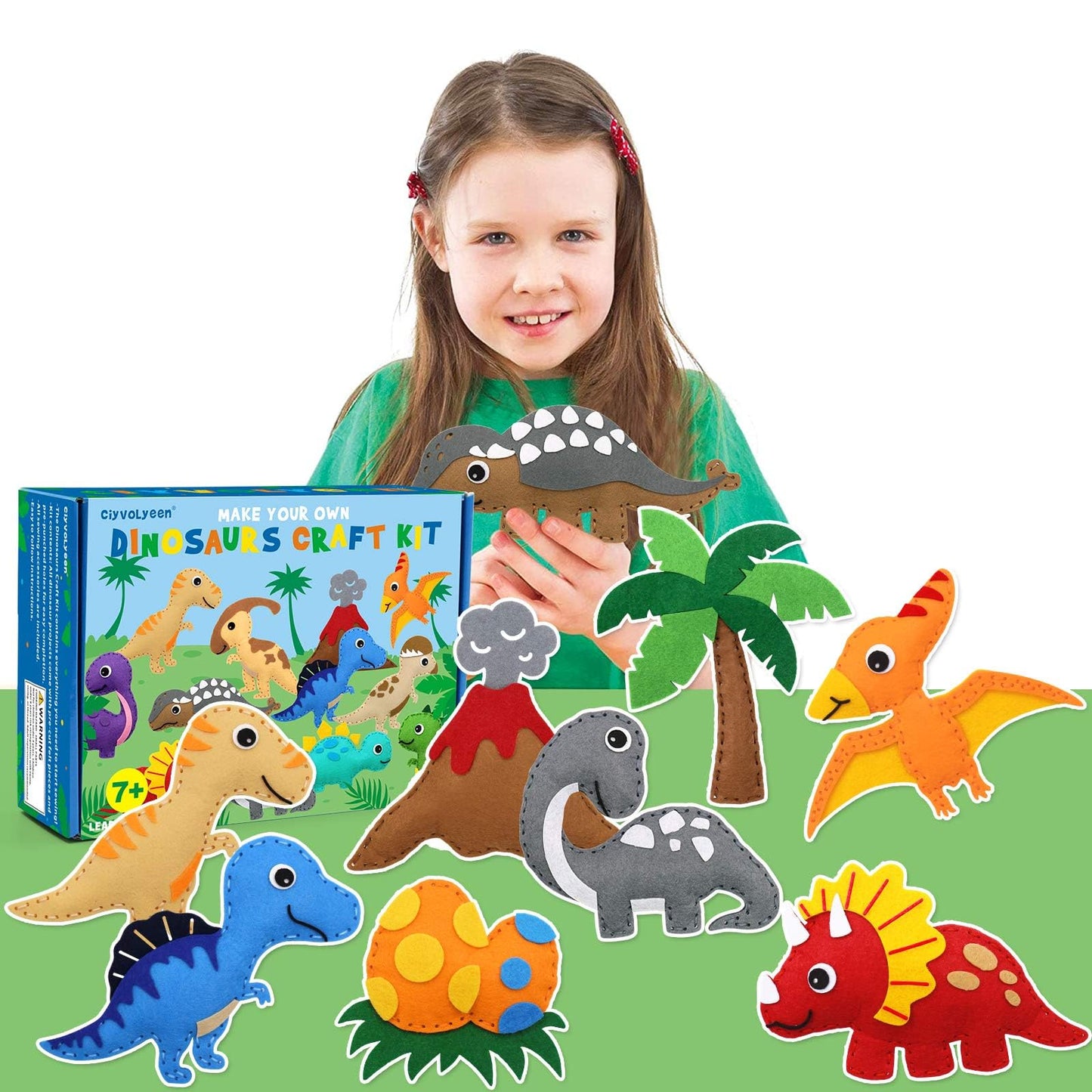 CiyvoLyeen Dinosaur Sewing Craft Kit for Kids – 14-Piece Felt Dino Set