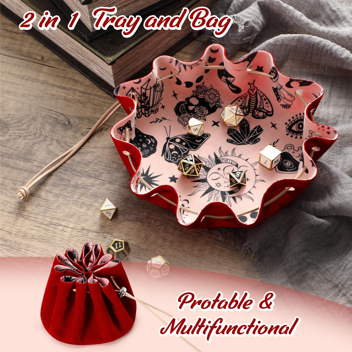 CiyvoLyeen Red Velvet Dice Tray with Drawstring Bag – Velvet RPG Gift for DND & Tabletop Gamers