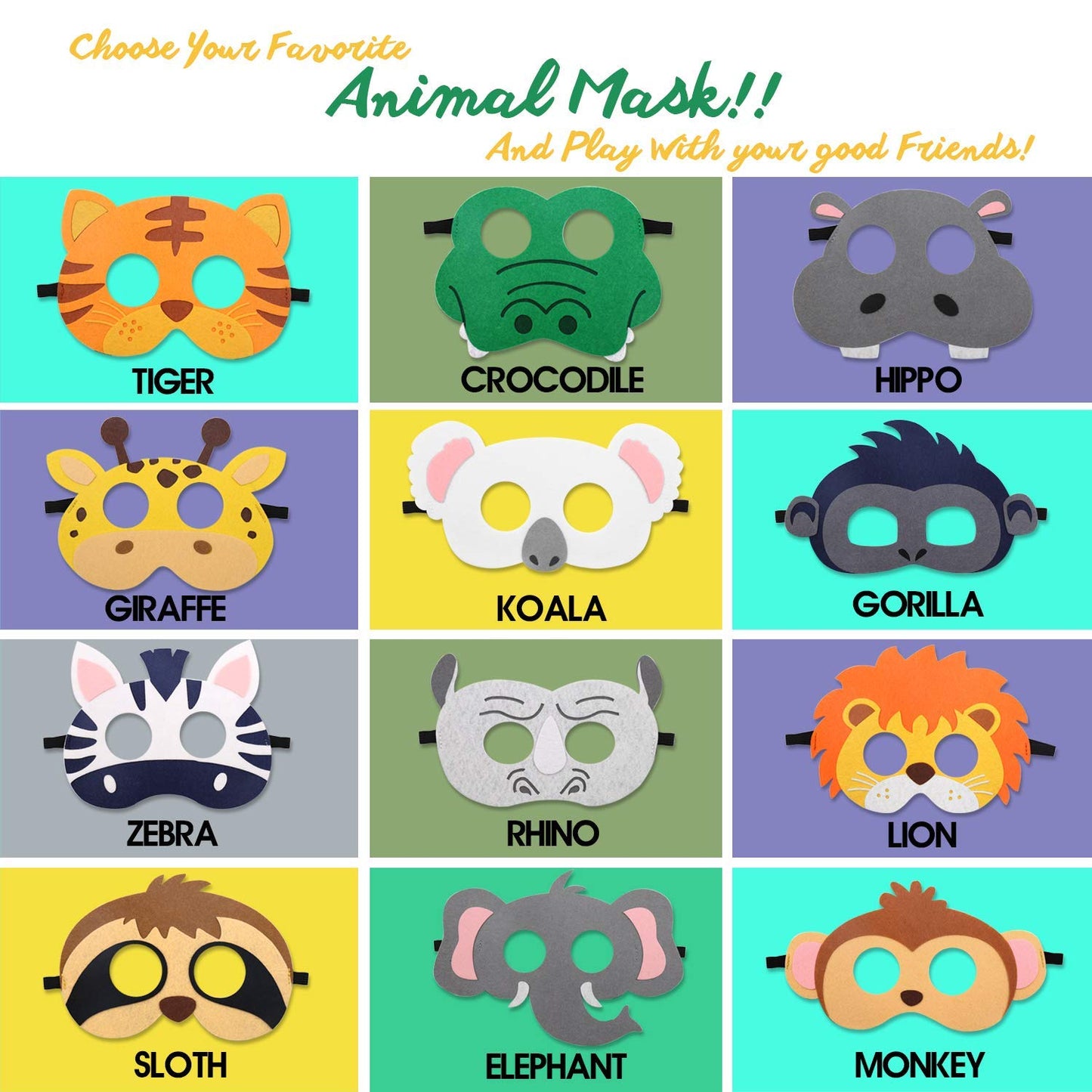 CiyvoLyeen Safari Jungle Animal Felt Masks - 12 Pack for Parties & Dress-Up