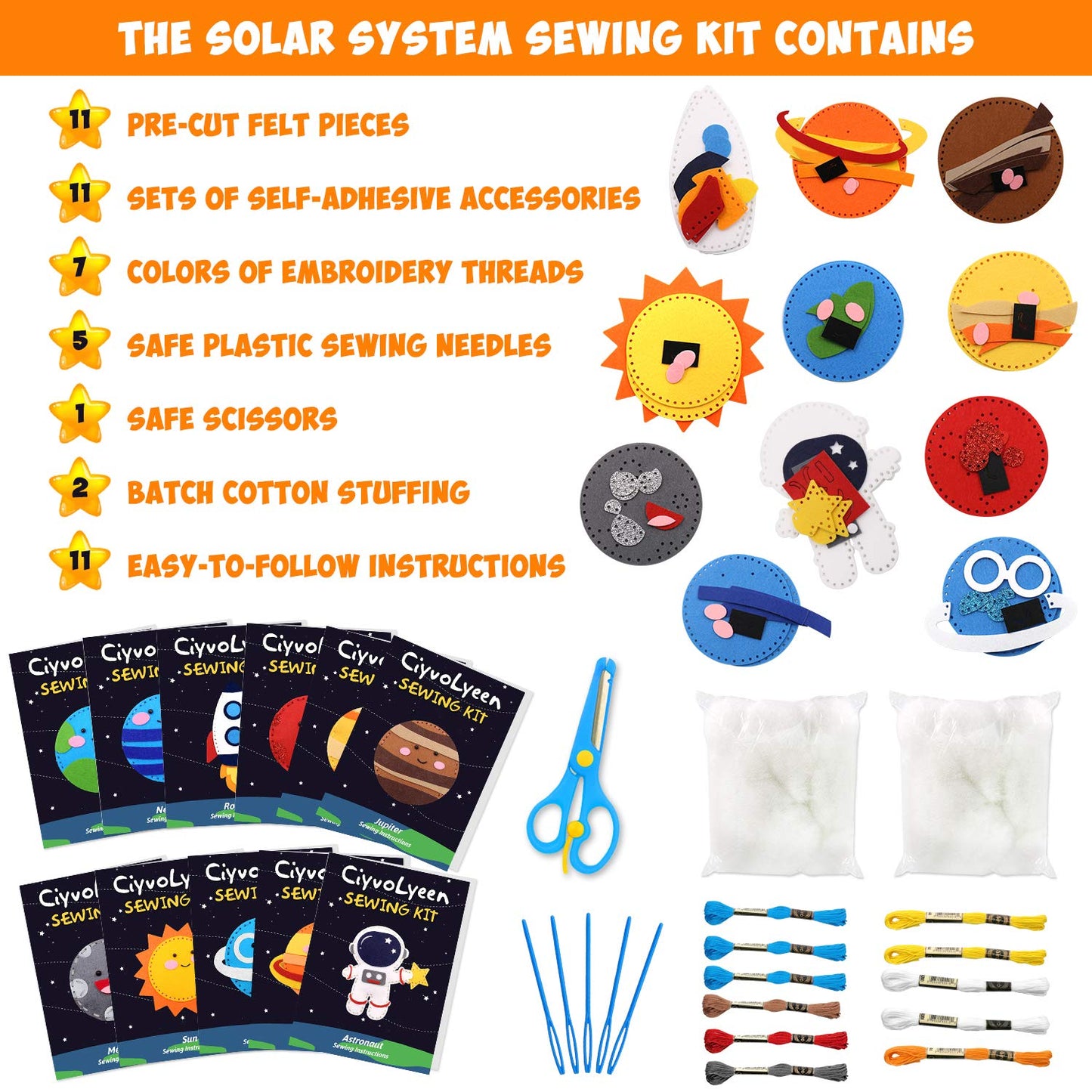 CiyvoLyeen Space Sewing Kit for Kids – Solar System Felt Craft (11-Piece Beginner Set)