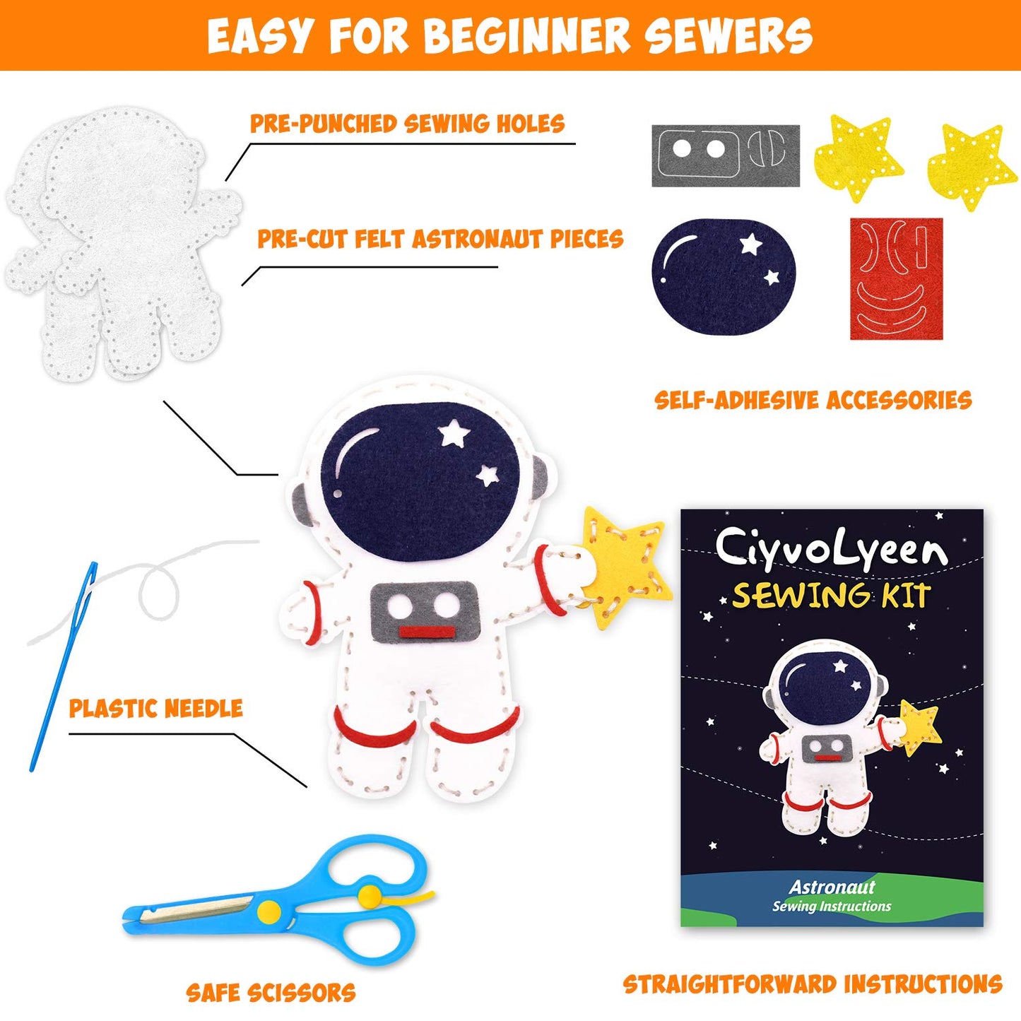 CiyvoLyeen Space Sewing Kit for Kids – Solar System Felt Craft (11-Piece Beginner Set)