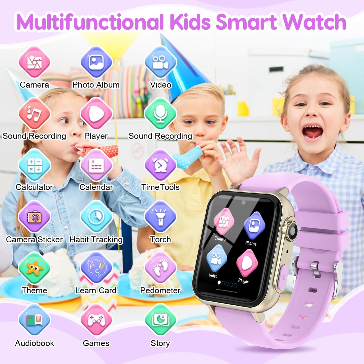 CJC Smart Watch for Kids (Purple) – 30+ Games, 140 Learning Cards, HD Touch Screen, Camera, Pedometer