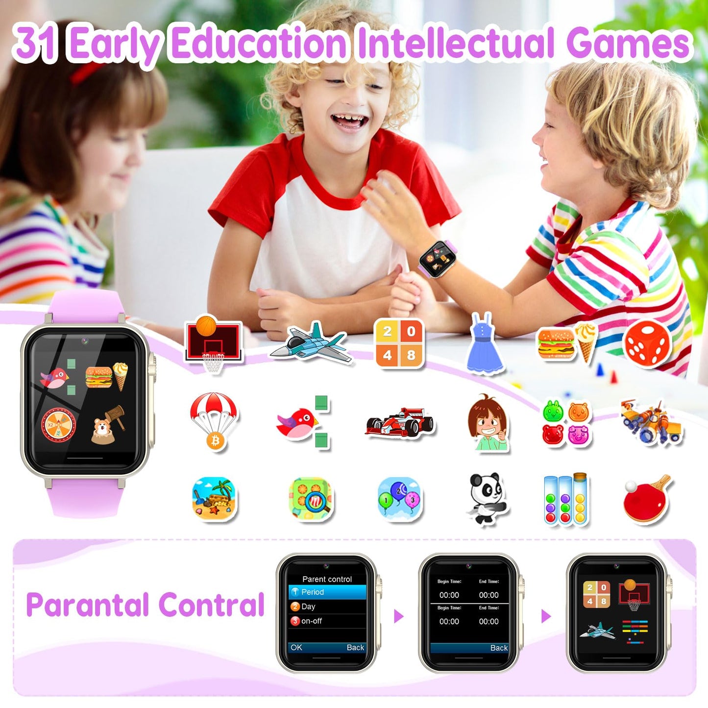 CJC Smart Watch for Kids (Purple) – 30+ Games, 140 Learning Cards, HD Touch Screen, Camera, Pedometer