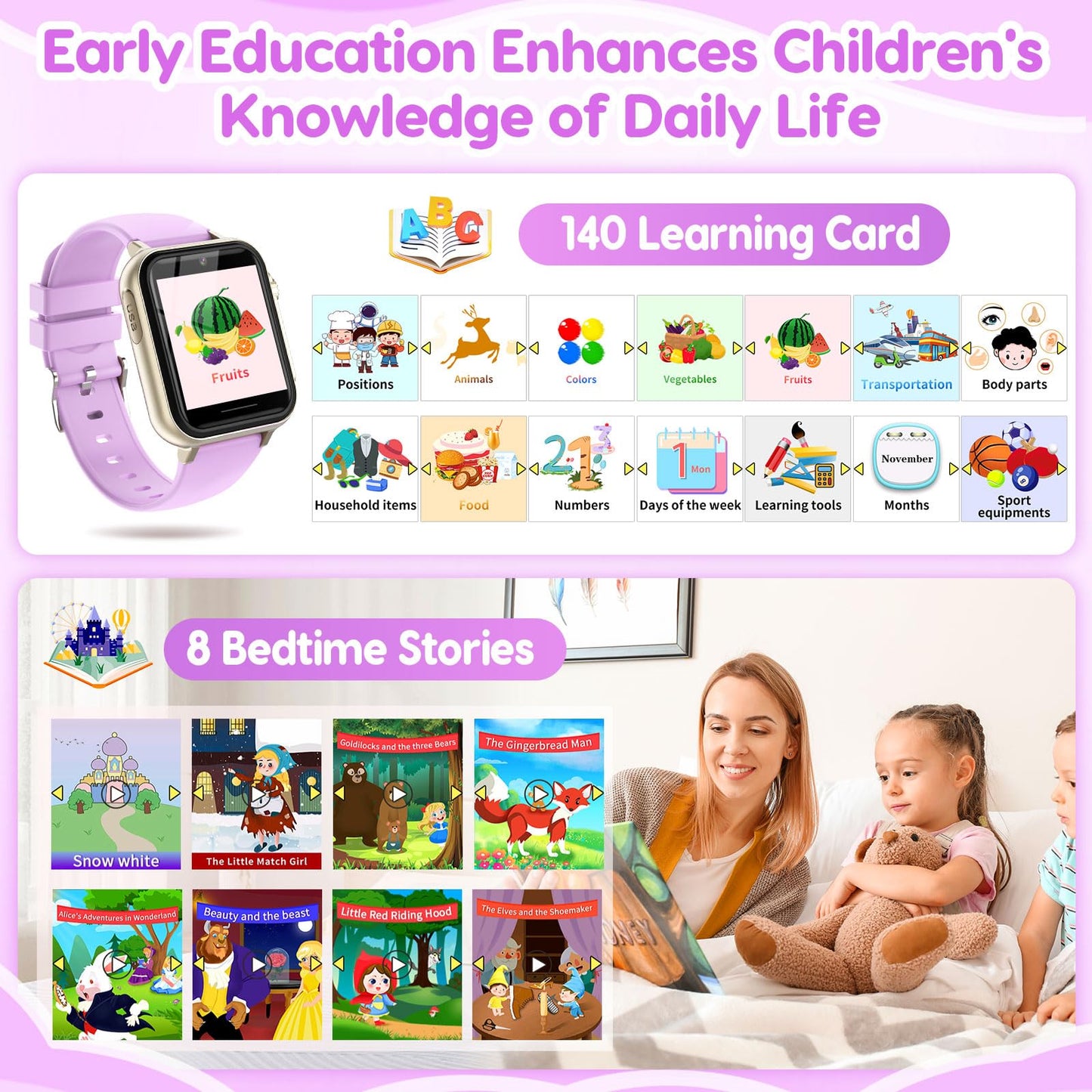 CJC Smart Watch for Kids (Purple) – 30+ Games, 140 Learning Cards, HD Touch Screen, Camera, Pedometer
