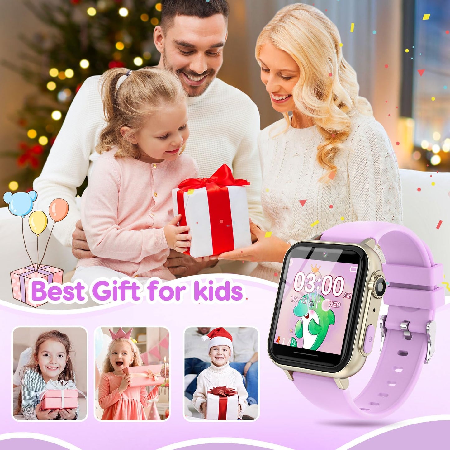 CJC Smart Watch for Kids (Purple) – 30+ Games, 140 Learning Cards, HD Touch Screen, Camera, Pedometer