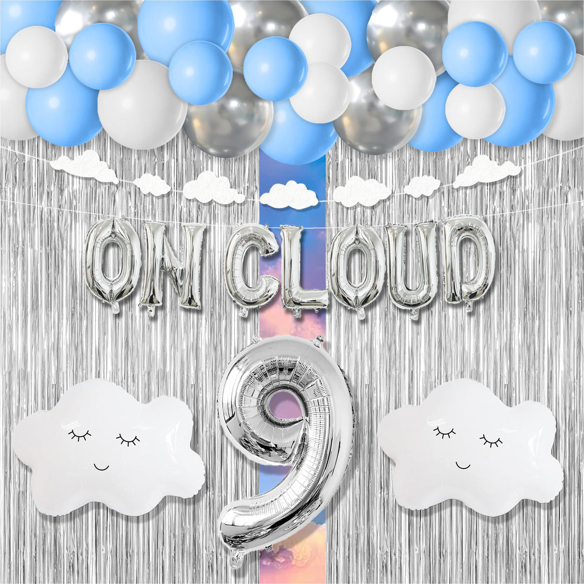 CJDCXY On Cloud 9 Birthday Decorations for Girls – Blue, White & Silver Balloon Arch & Cloud Theme