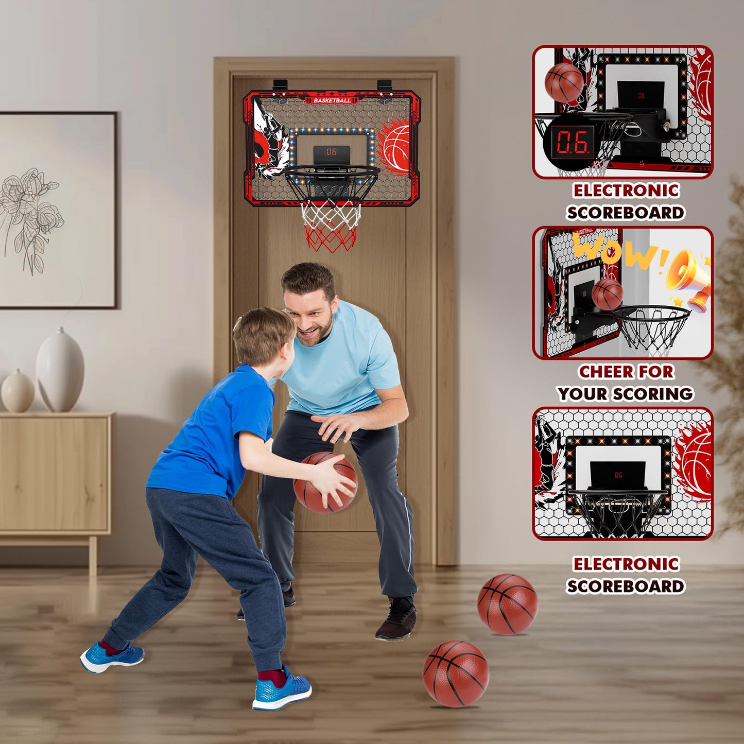 CL FUN Over The Door Basketball Hoop — LED Lights, Scoreboard, 3 Balls & Pump