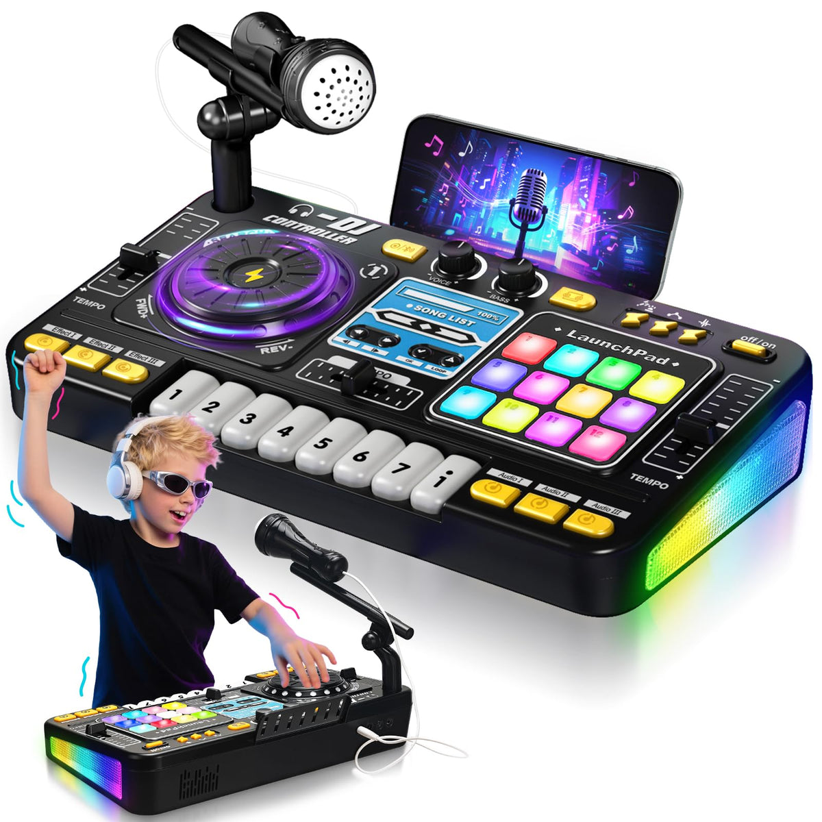CL FUN DJ Mixer for Kids – Toddler DJ Turntable with Lights, Game Mode & Microphone | Gift for Ages 3-6