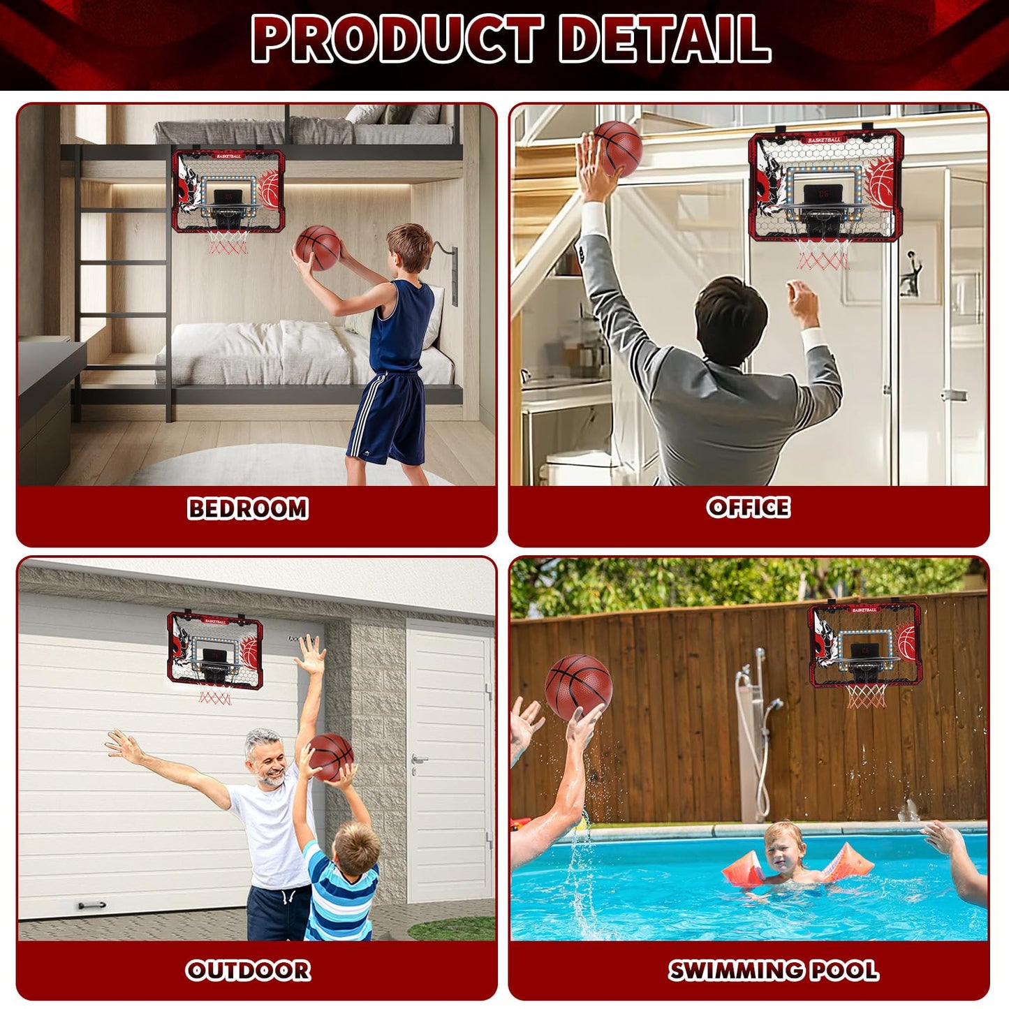 CL FUN Over The Door Basketball Hoop — LED Lights, Scoreboard, 3 Balls & Pump