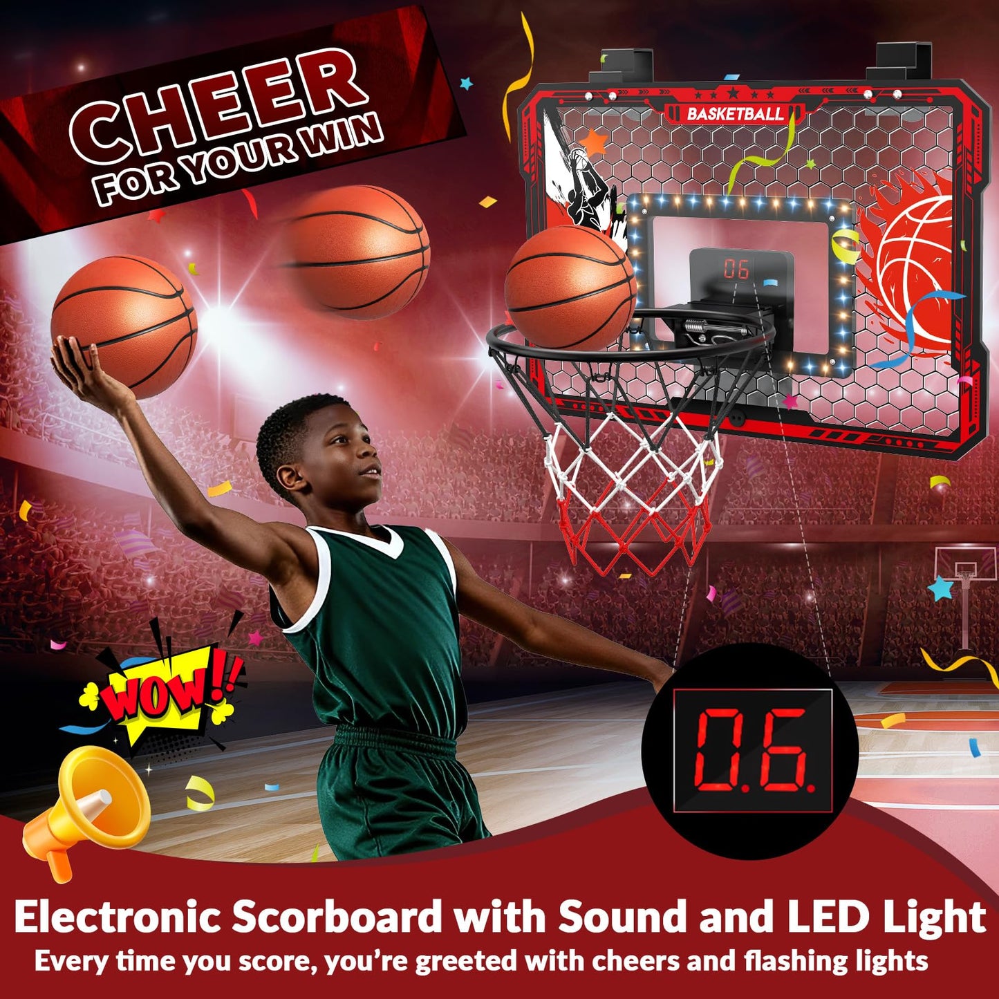 CL FUN Over The Door Basketball Hoop — LED Lights, Scoreboard, 3 Balls & Pump