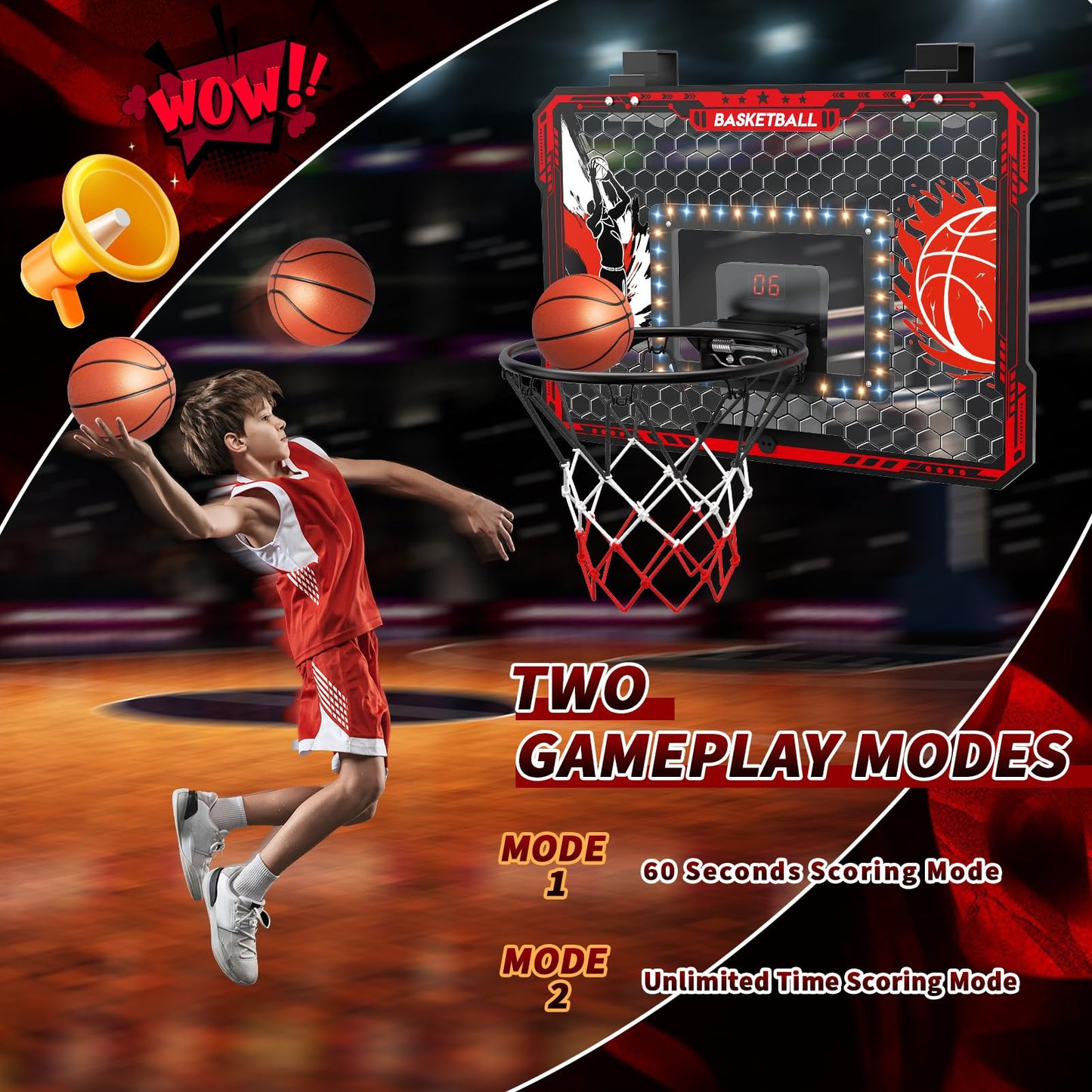CL FUN Over The Door Basketball Hoop — LED Lights, Scoreboard, 3 Balls & Pump
