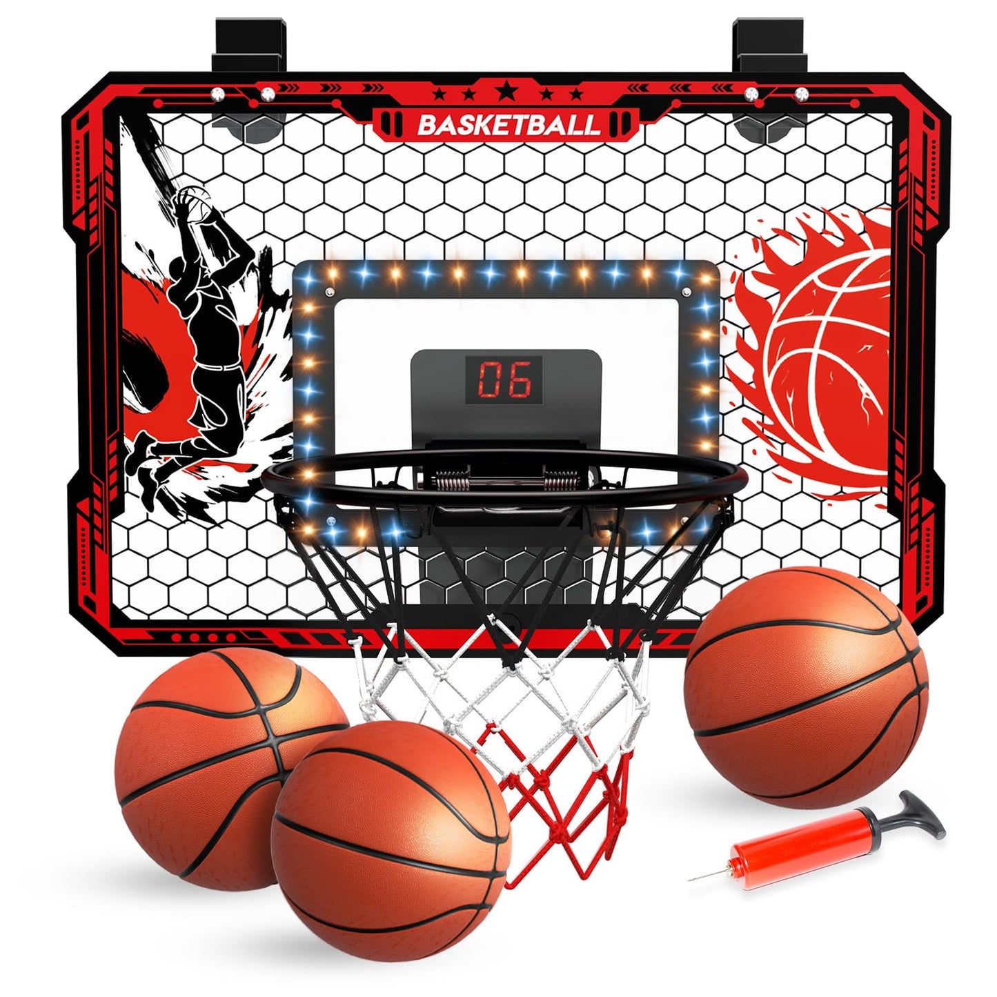 CL FUN Over The Door Basketball Hoop — LED Lights, Scoreboard, 3 Balls & Pump