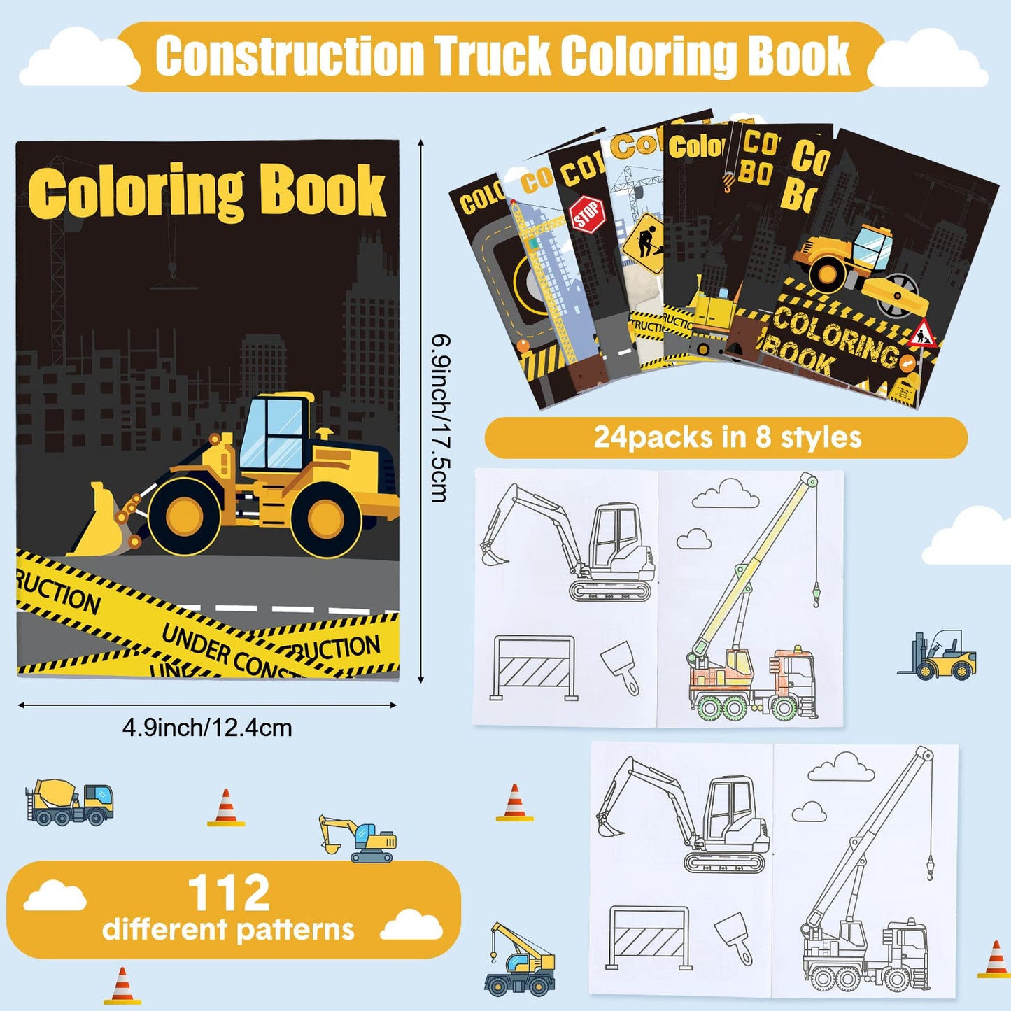 Clabby 24-Piece Construction Trucks Coloring Book – Kids Coloring & Party Favors