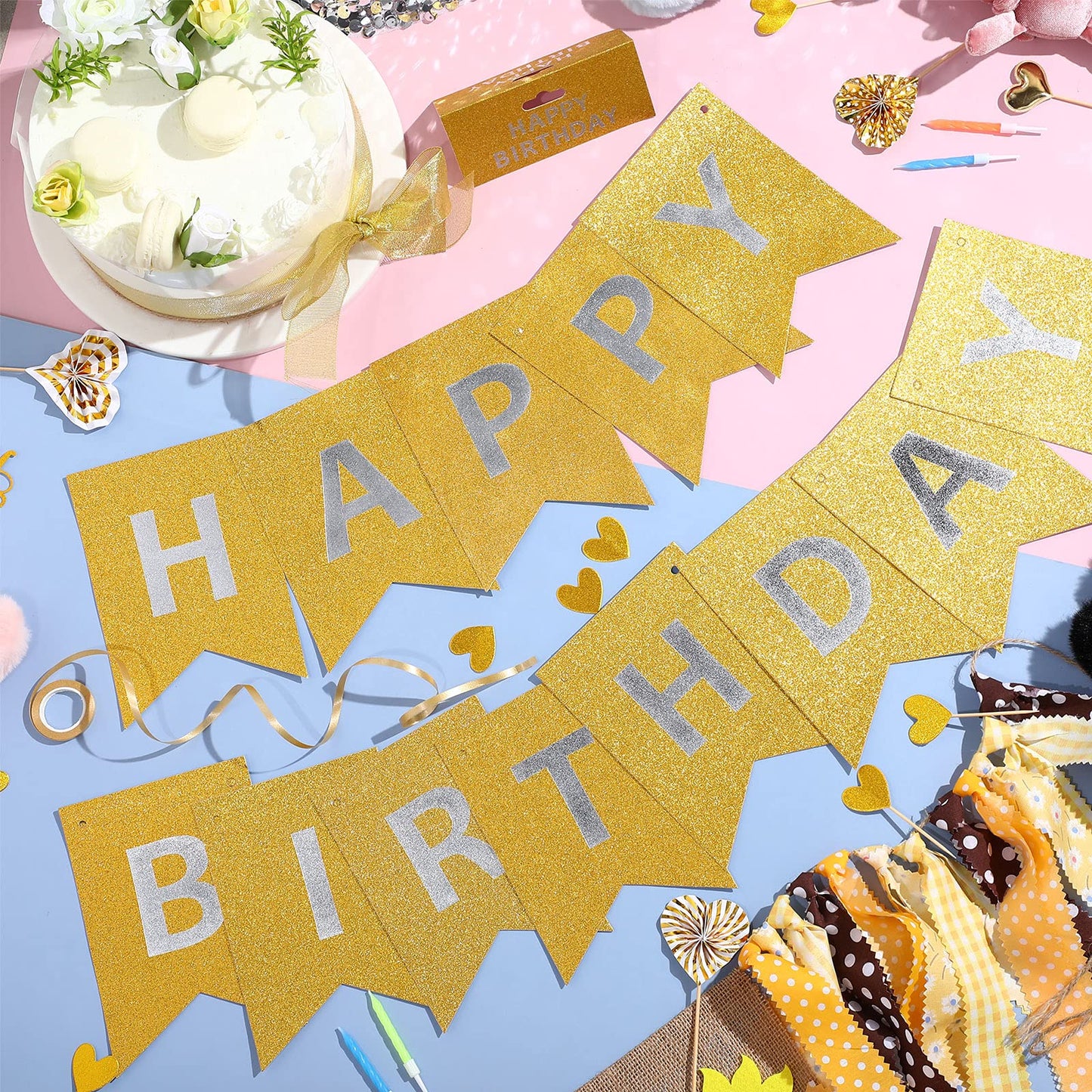 Clabby Glitter Gold Happy Birthday Banner – Shiny Letter Flags with Hanging Rope
