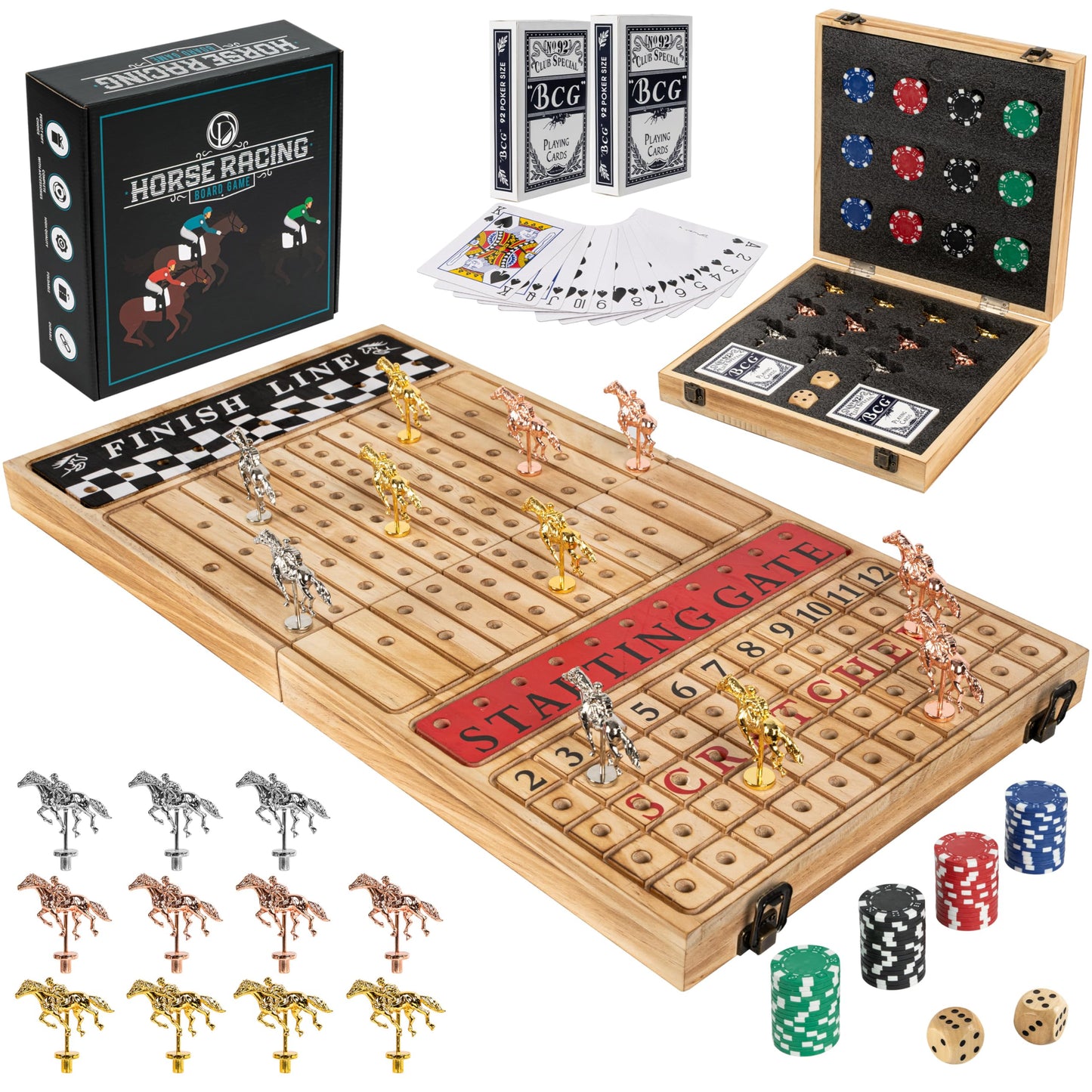 Classic Decor Horse Racing Board Game – 23x12 Charred Wood with 11 Premium Metal Horses