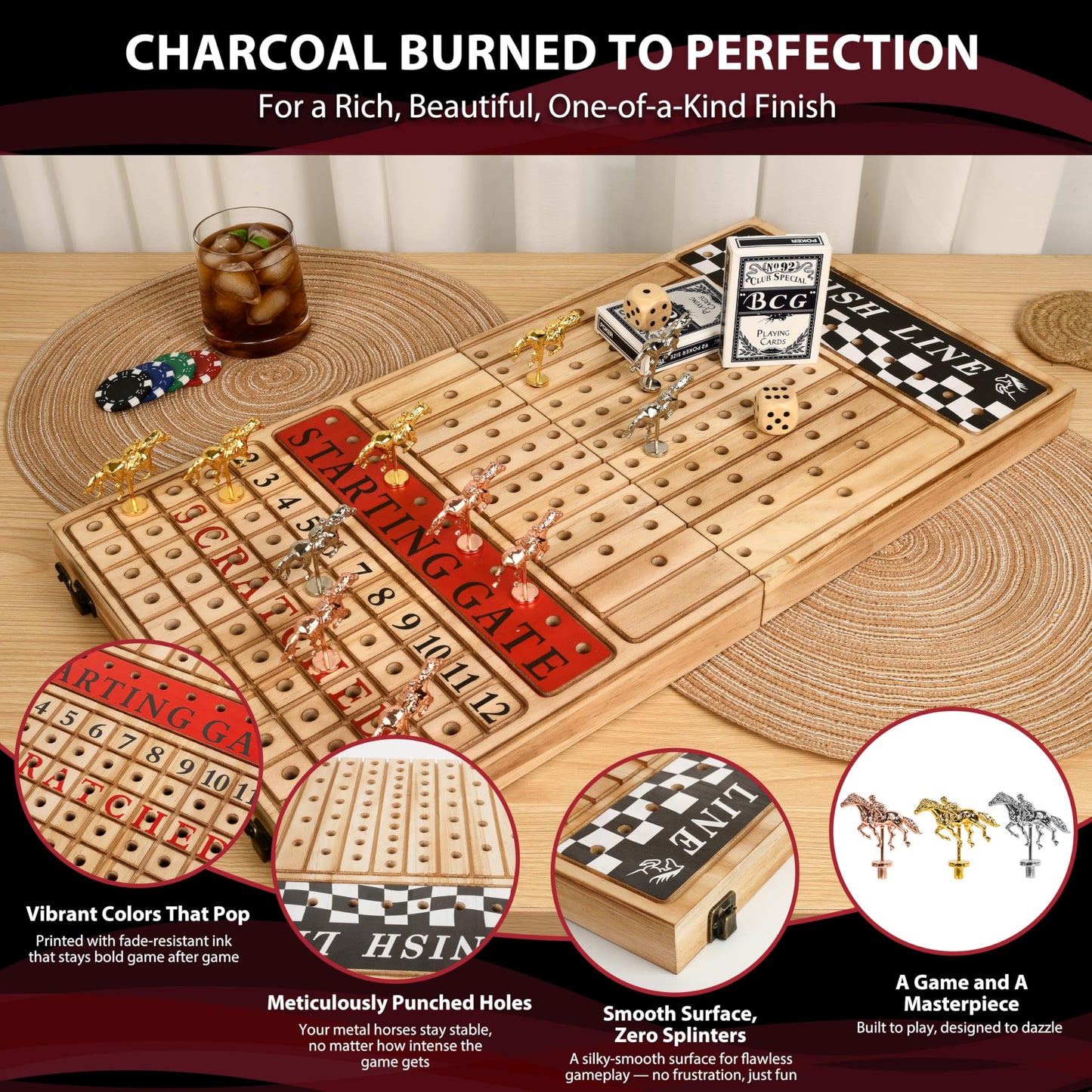 Classic Decor Horse Racing Board Game – 23x12 Charred Wood with 11 Premium Metal Horses