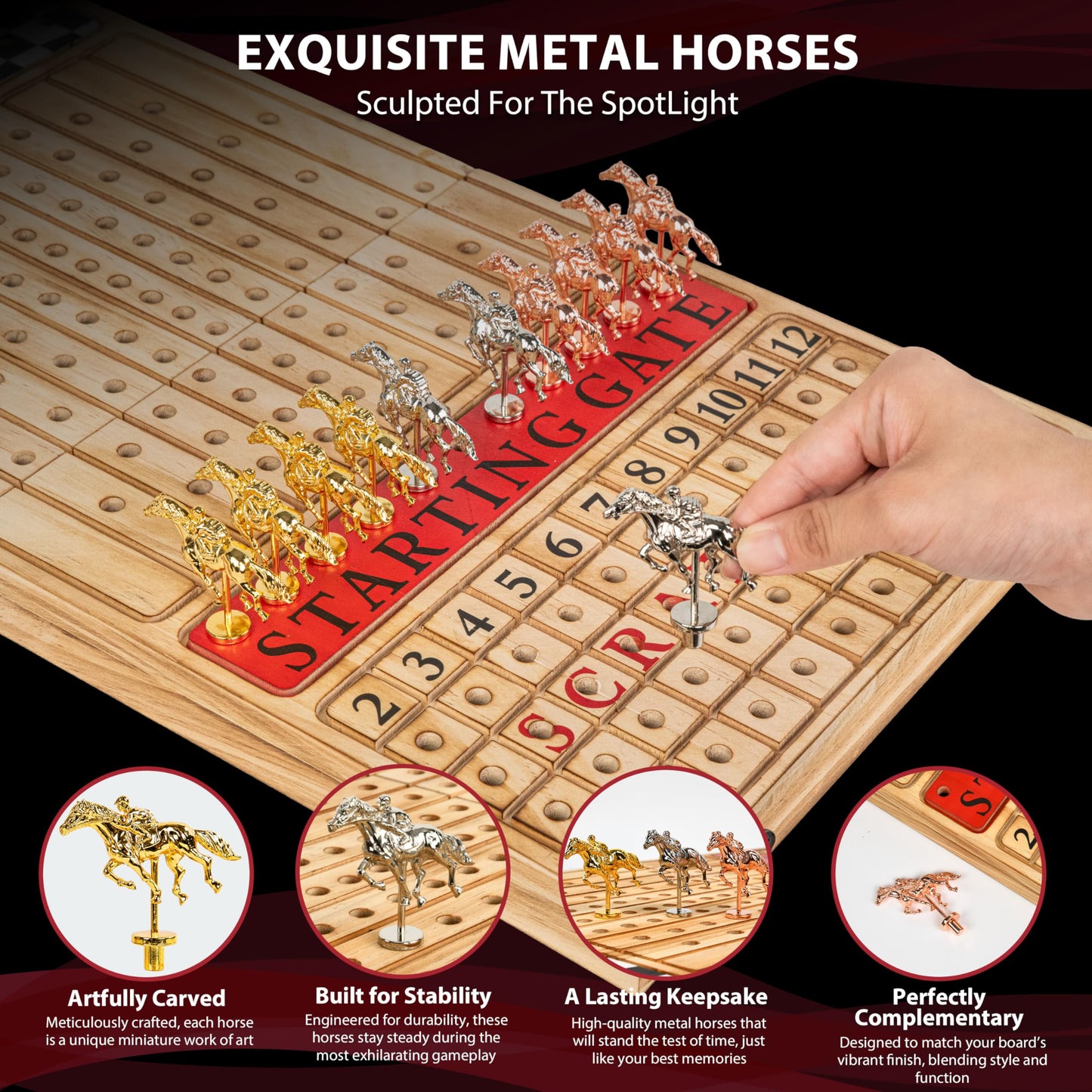 Classic Decor Horse Racing Board Game – 23x12 Charred Wood with 11 Premium Metal Horses