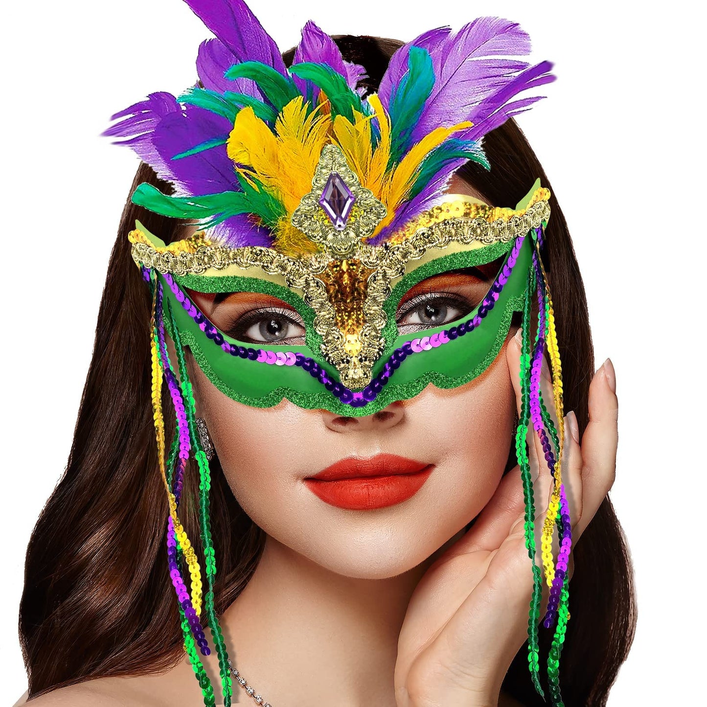 Cleacloud Mardi Gras Sequin Feather Mask for Women | Venetian Carnival Masquerade Mask