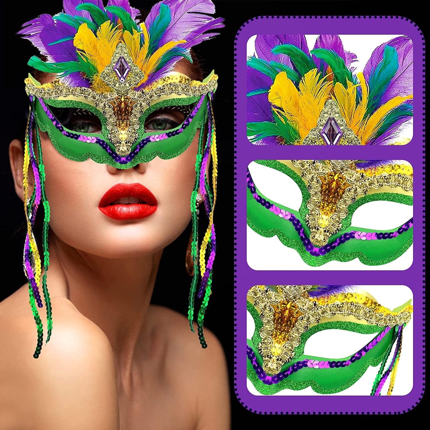 Cleacloud Mardi Gras Sequin Feather Mask for Women | Venetian Carnival Masquerade Mask