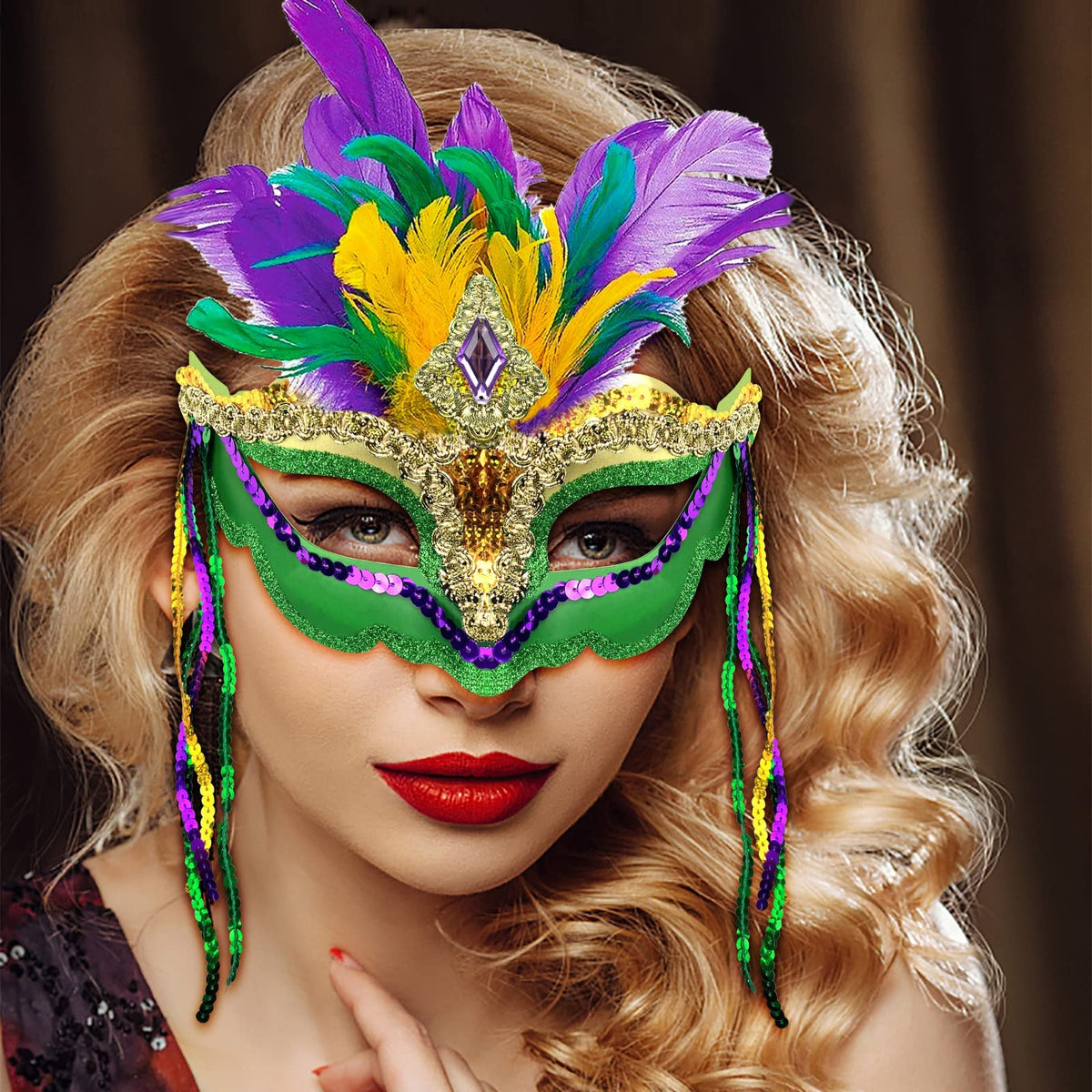 Cleacloud Mardi Gras Sequin Feather Mask for Women | Venetian Carnival Masquerade Mask