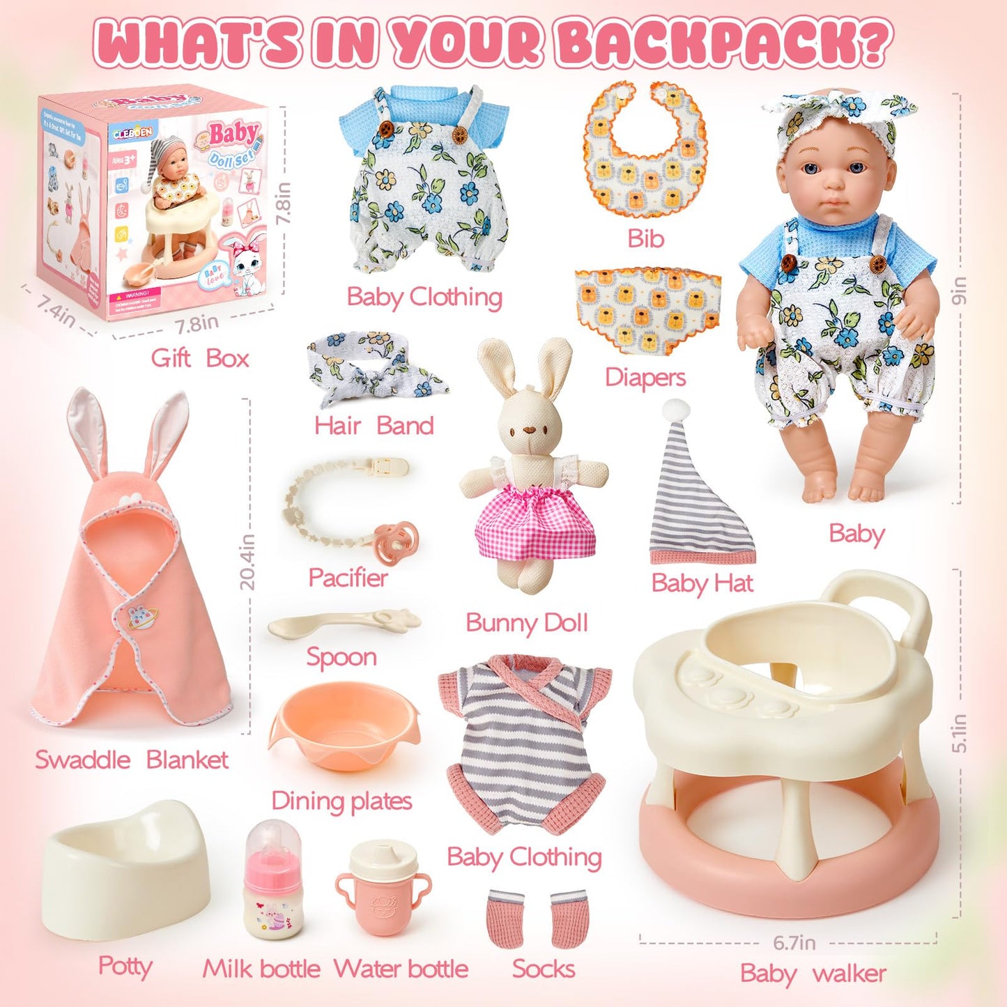 Cleboen 9-Inch Baby Doll Accessories Set for Girls | 2 Outfits, Walker Chair, Feeding Bottle & Pacifier — Gift for Ages 3–6