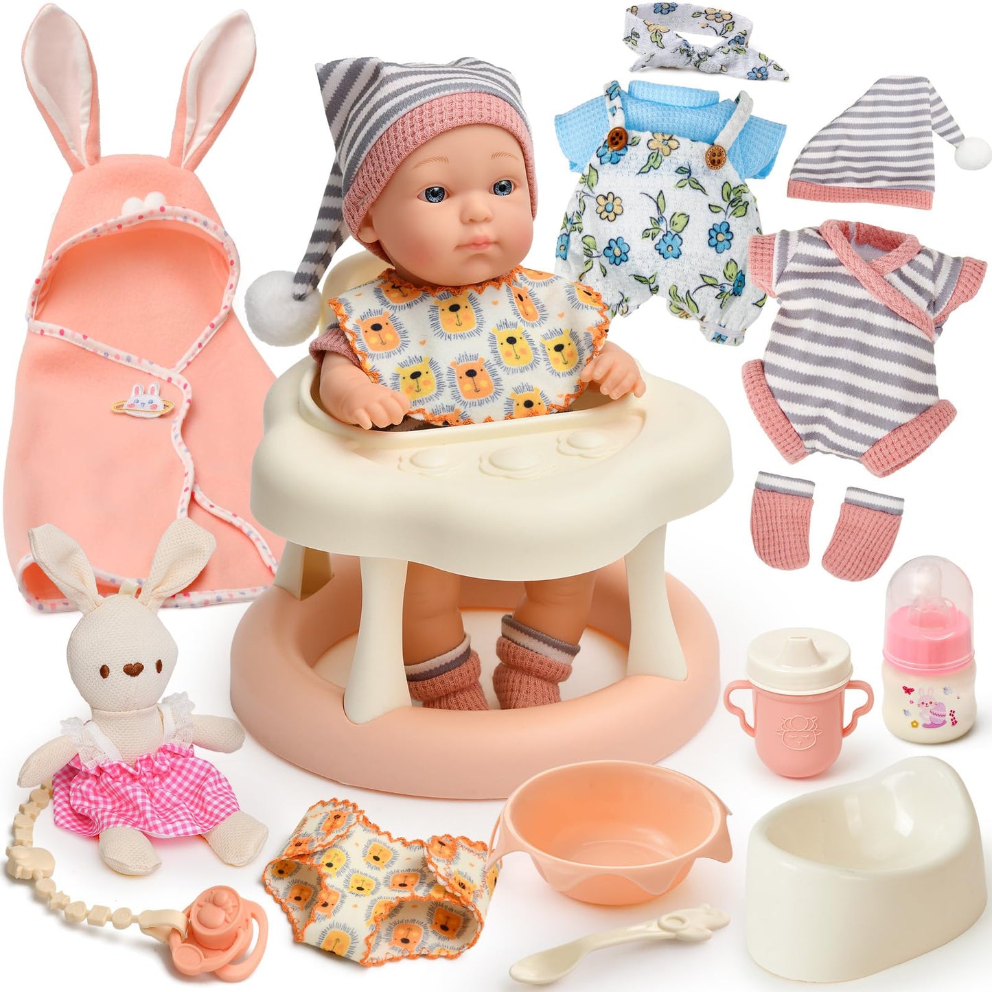 Cleboen 9-Inch Baby Doll Accessories Set for Girls | 2 Outfits, Walker Chair, Feeding Bottle & Pacifier — Gift for Ages 3–6