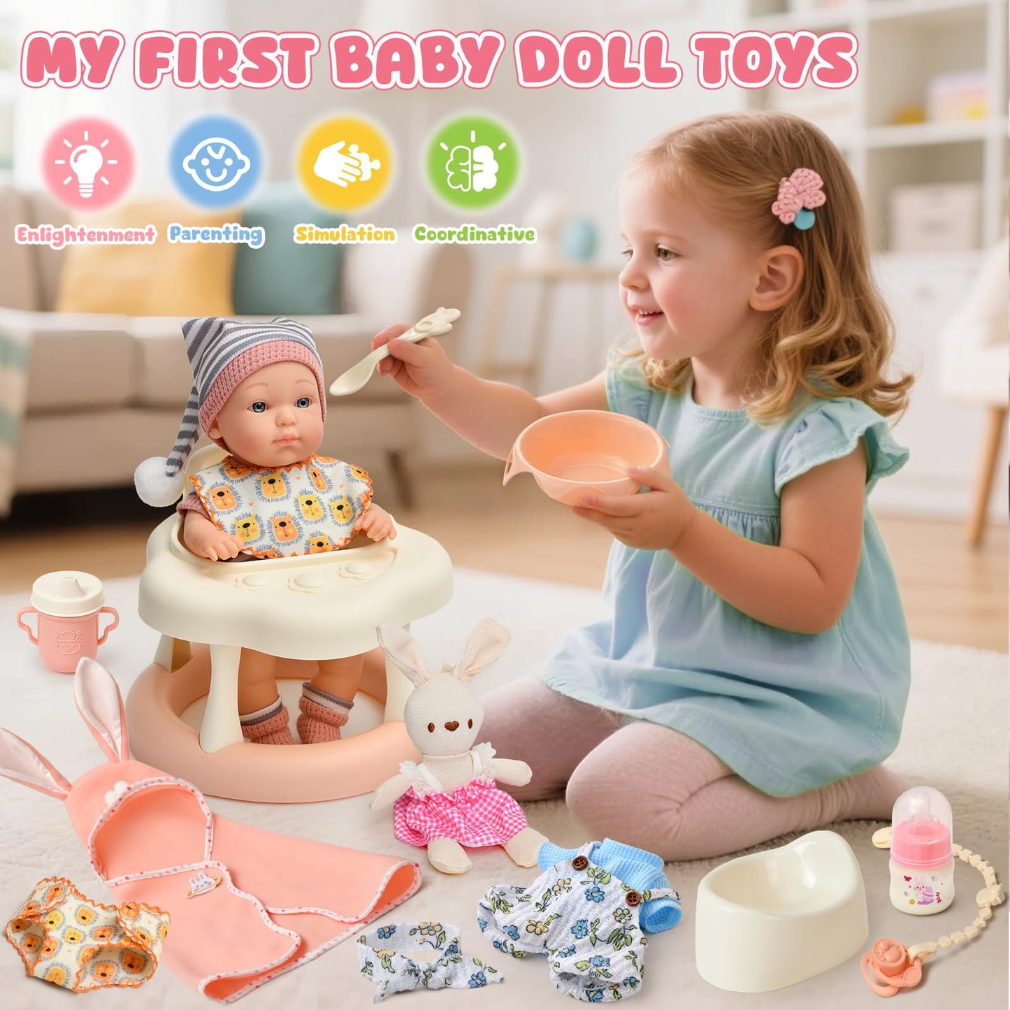 Cleboen 9-Inch Baby Doll Accessories Set for Girls | 2 Outfits, Walker Chair, Feeding Bottle & Pacifier — Gift for Ages 3–6