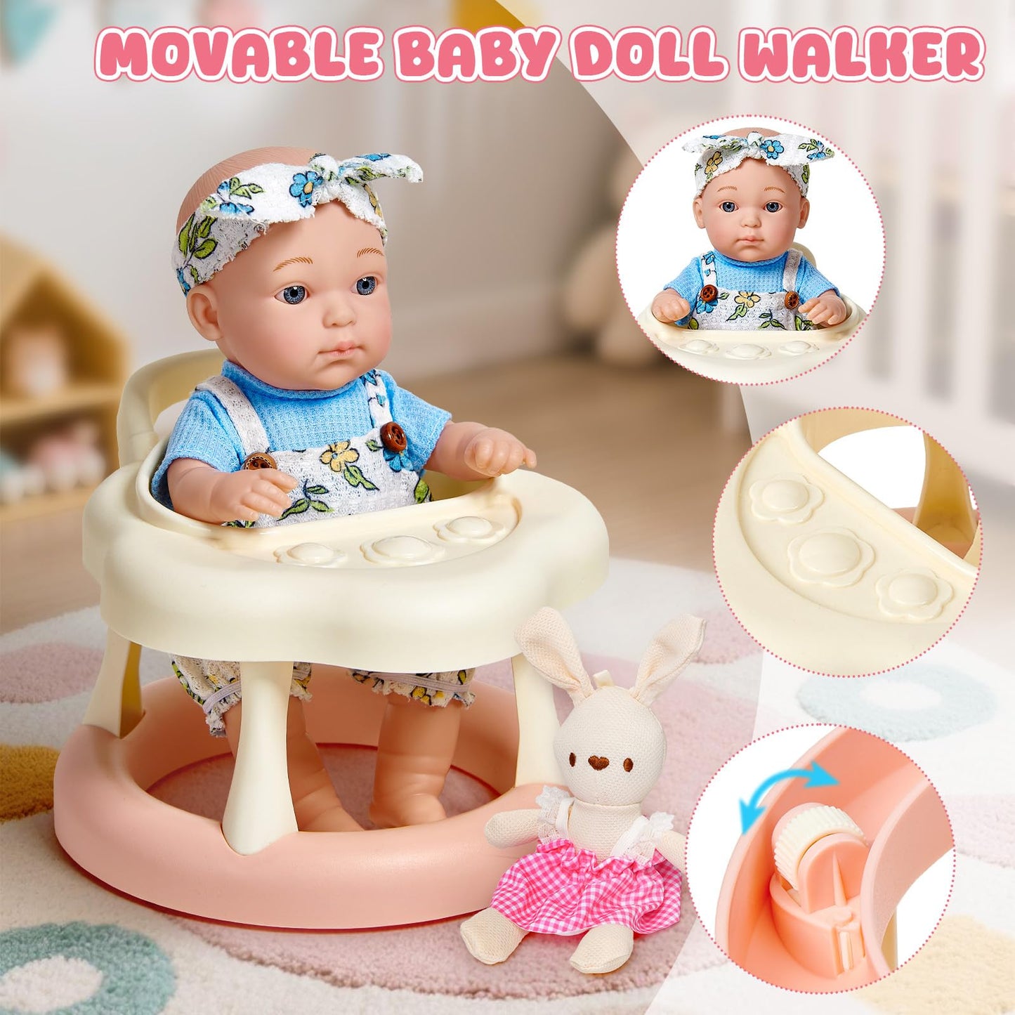 Cleboen 9-Inch Baby Doll Accessories Set for Girls | 2 Outfits, Walker Chair, Feeding Bottle & Pacifier — Gift for Ages 3–6