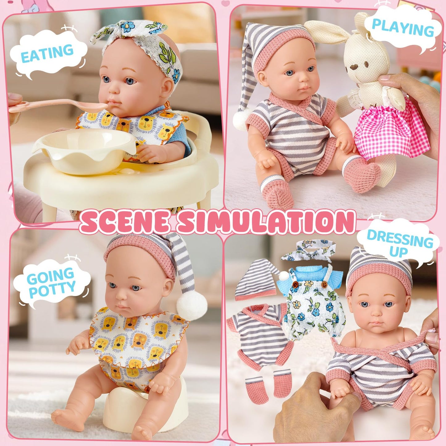 Cleboen 9-Inch Baby Doll Accessories Set for Girls | 2 Outfits, Walker Chair, Feeding Bottle & Pacifier — Gift for Ages 3–6