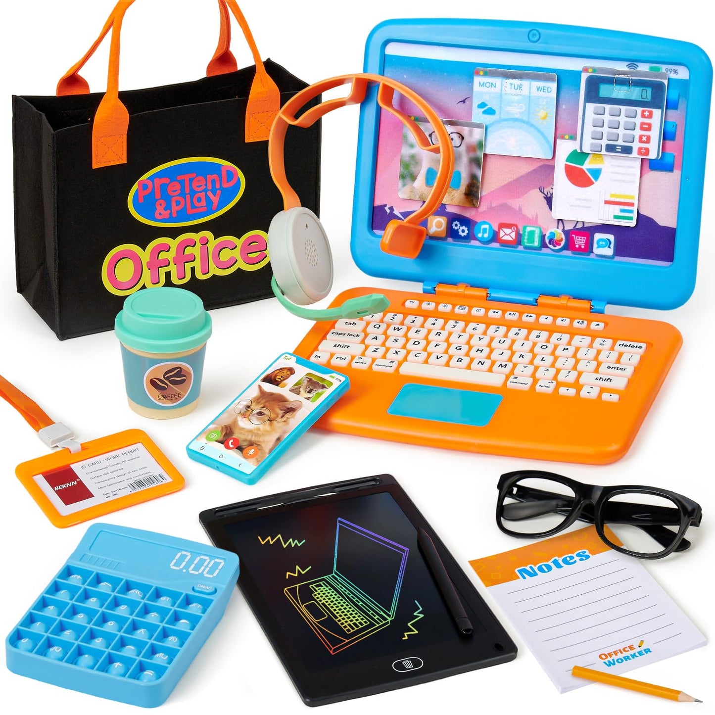 Cleboen Pretend Play Home Office Set for Kids – Laptop & LCD Tablet