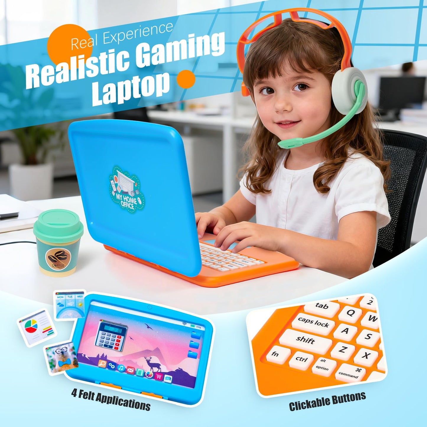 Cleboen Pretend Play Home Office Set for Kids – Laptop & LCD Tablet