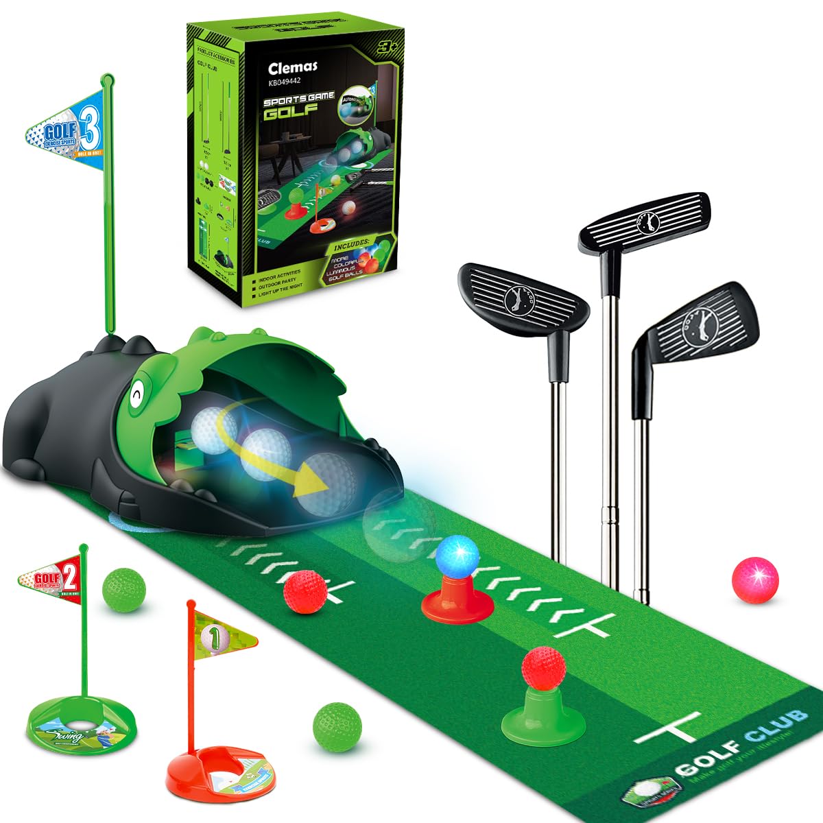Clemas Upgraded Kids Toy Golf Set — Dinosaur Auto Returner, LED Balls, & Adjustable Clubs