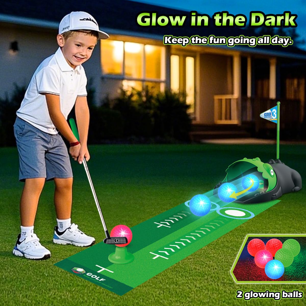 Clemas Upgraded Kids Toy Golf Set — Dinosaur Auto Returner, LED Balls, & Adjustable Clubs