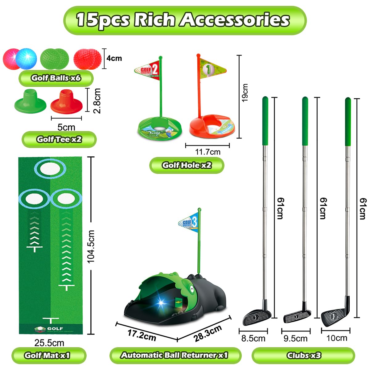 Clemas Upgraded Kids Toy Golf Set — Dinosaur Auto Returner, LED Balls, & Adjustable Clubs