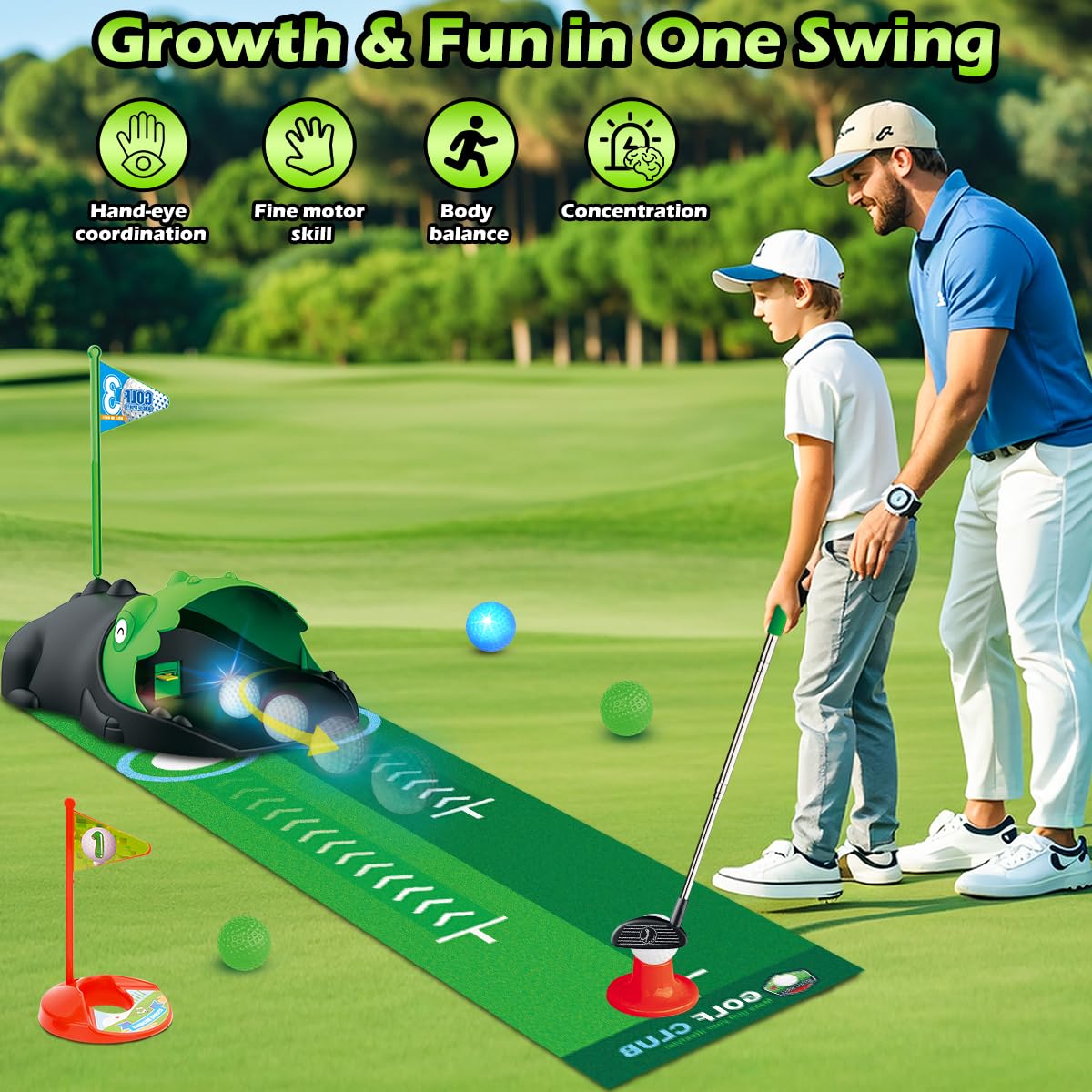 Clemas Upgraded Kids Toy Golf Set — Dinosaur Auto Returner, LED Balls, & Adjustable Clubs