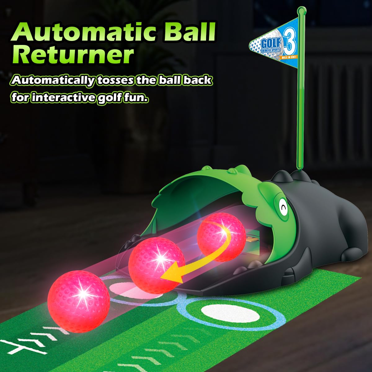Clemas Upgraded Kids Toy Golf Set — Dinosaur Auto Returner, LED Balls, & Adjustable Clubs