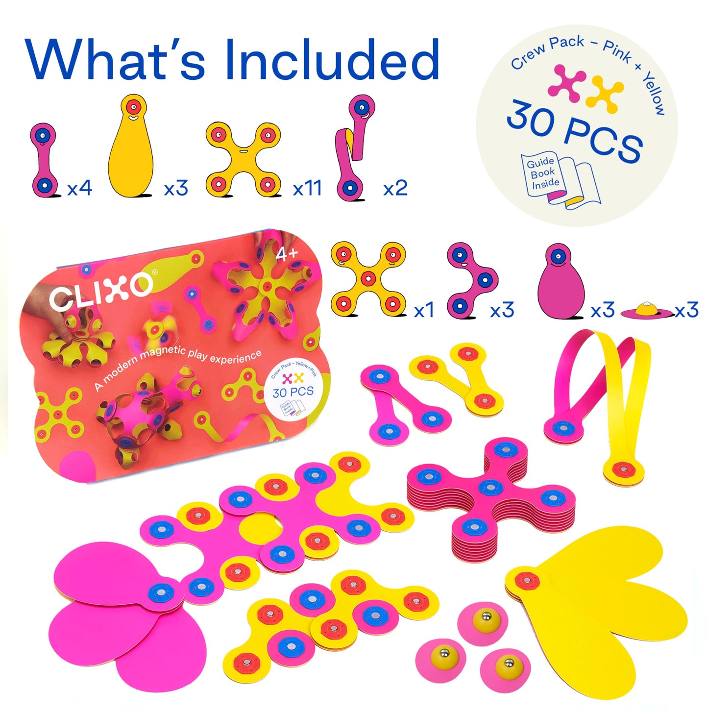 Clixo Crew 30-Piece Magnetic Building Pack | Flexible, Durable STEM Toy