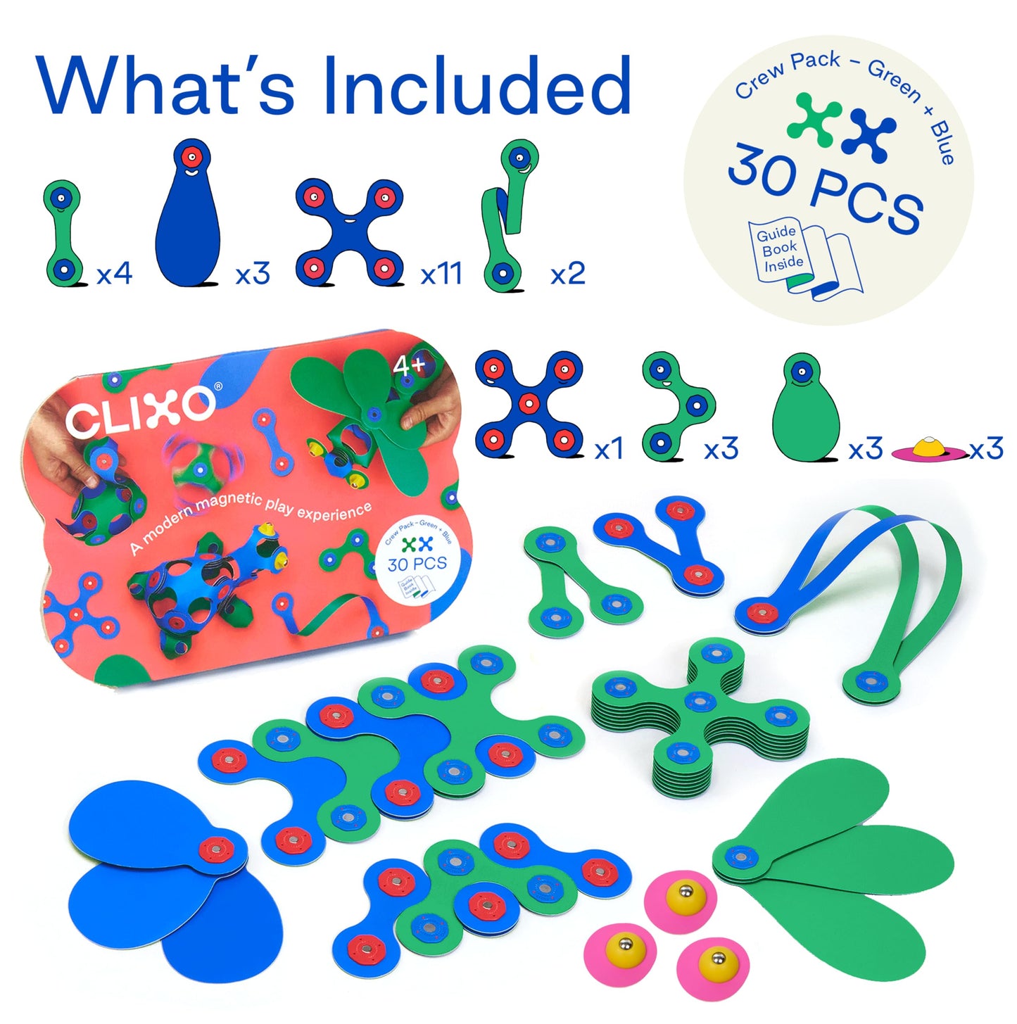Clixo Crew 30 Piece Pack – Flexible Magnetic Building Toy for Imagination, STEM Play, and On-The-Go Fun (Ages 4–99)