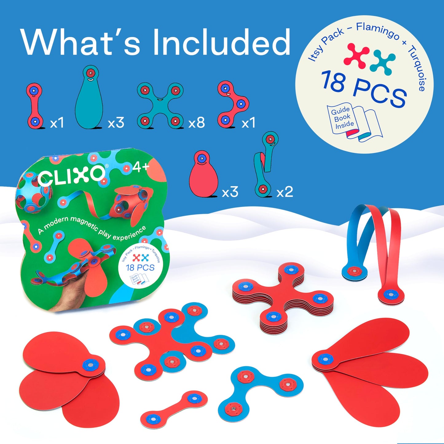 Clixo Itsy Magnetic Toy for Kids - Flexible, Durable STEM Building (18-Piece Pack)