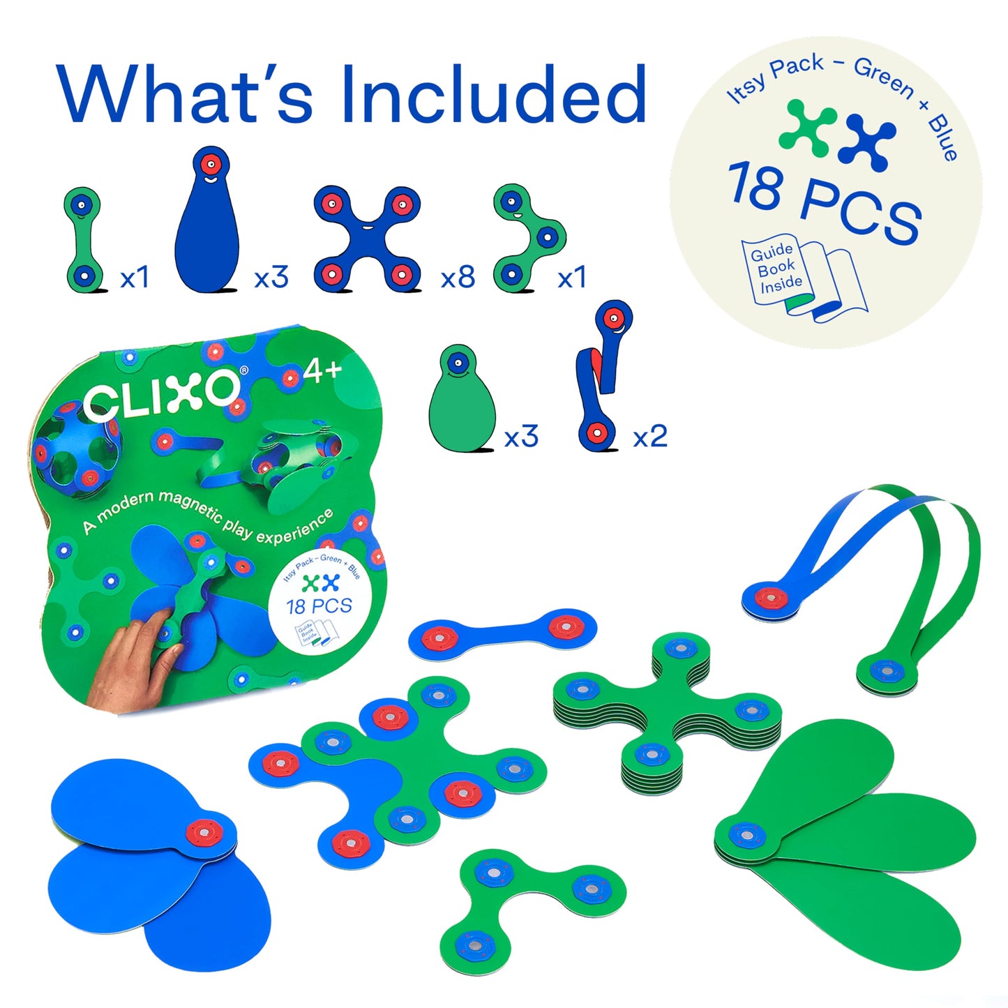 Clixo Itsy Magnetic Toy for Kids – Flexible, Durable STEM Building, 18-Piece Pack