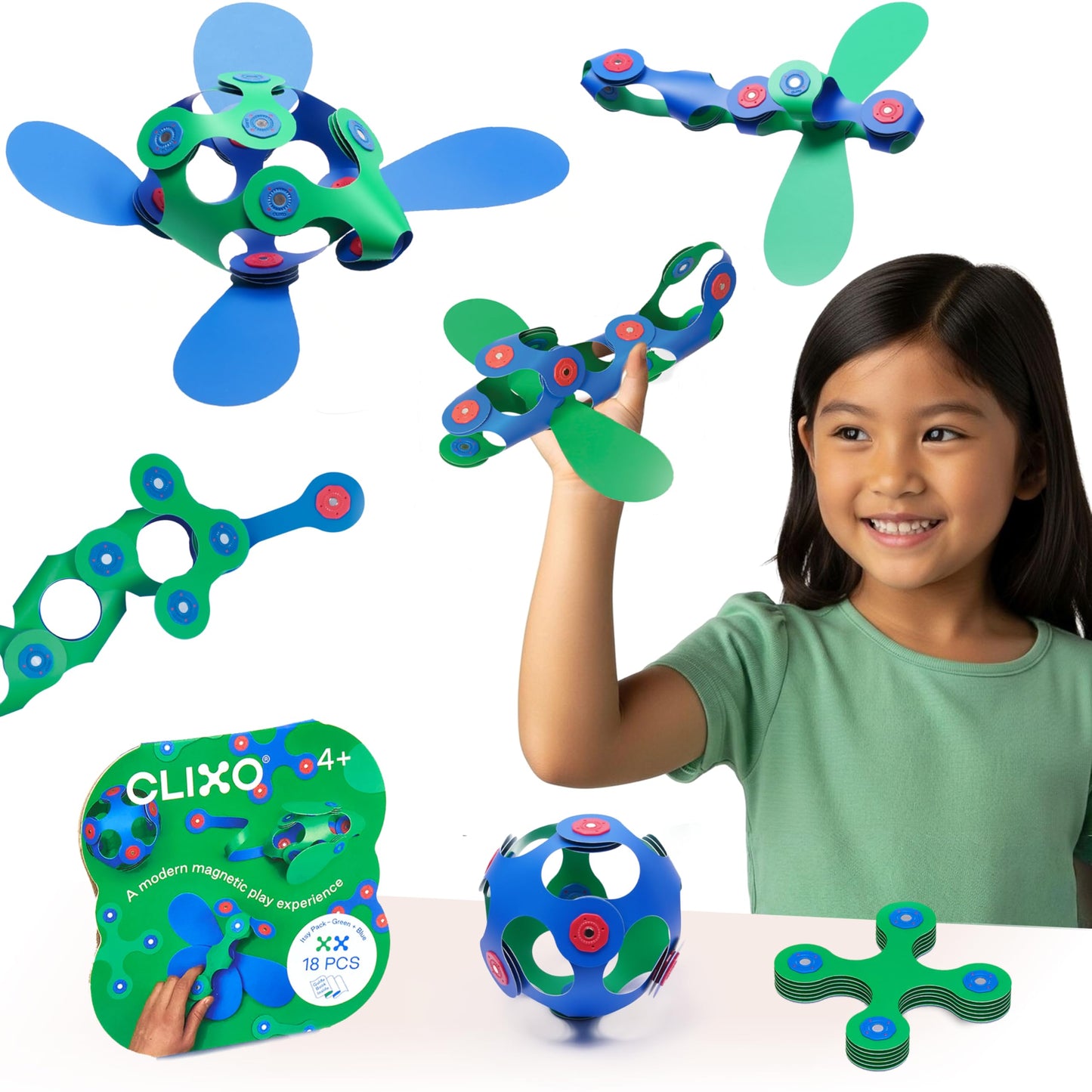 Clixo Itsy Magnetic Toy for Kids – Flexible, Durable STEM Building, 18-Piece Pack