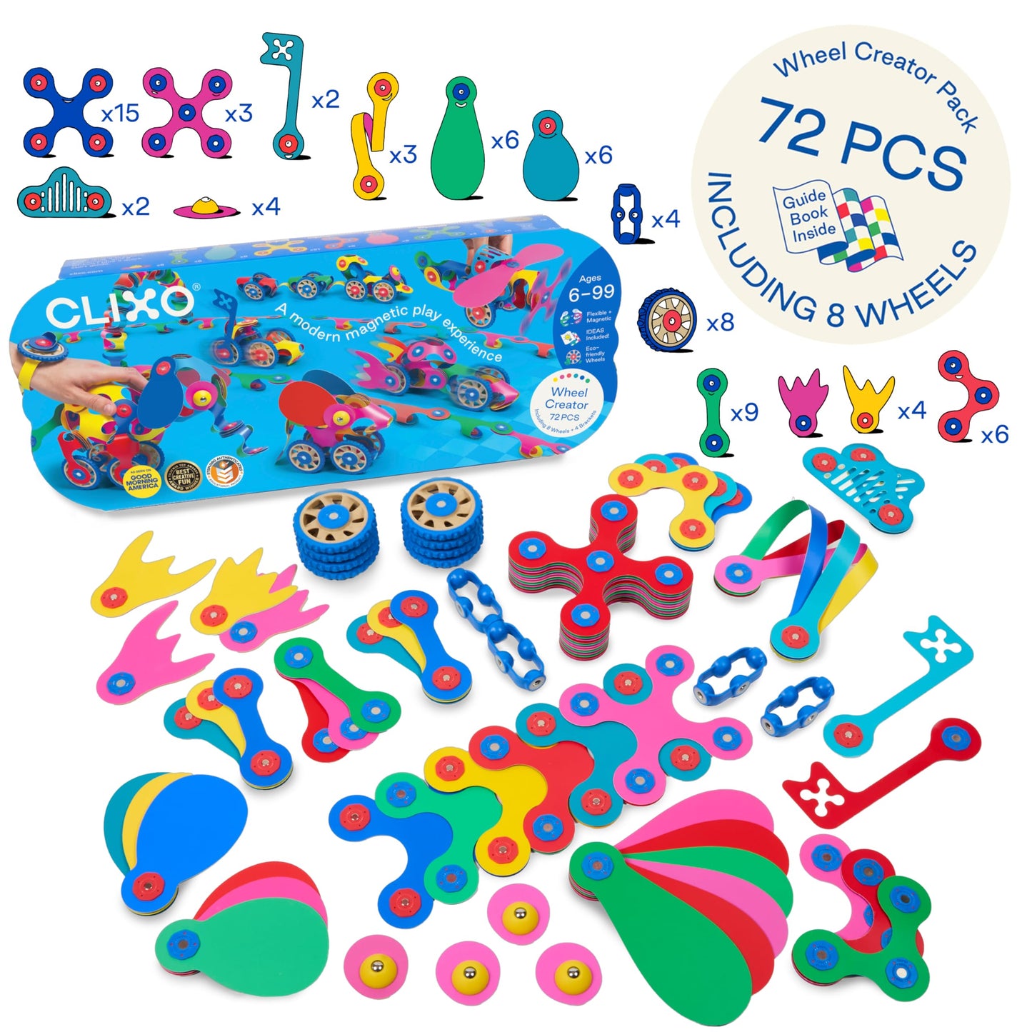 Clixo Wheel Creator Pack — 72 Magnetic Building Tiles for Creative STEM Play (Ages 4–99)