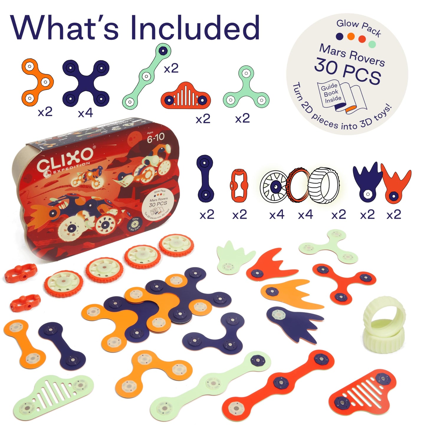 Clixo Mars Rover Pack: Glow-in-the-Dark Magnetic Building Toy for Kids 6+ | 30 Pieces