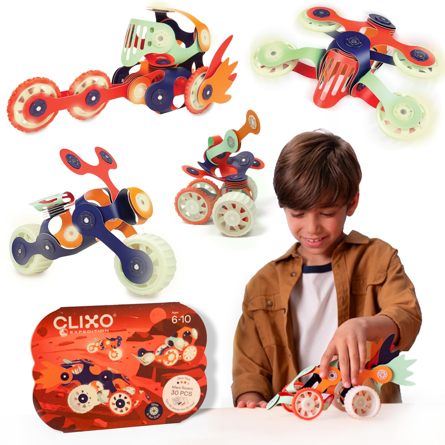 Clixo Mars Rover Pack: Glow-in-the-Dark Magnetic Building Toy for Kids 6+ | 30 Pieces
