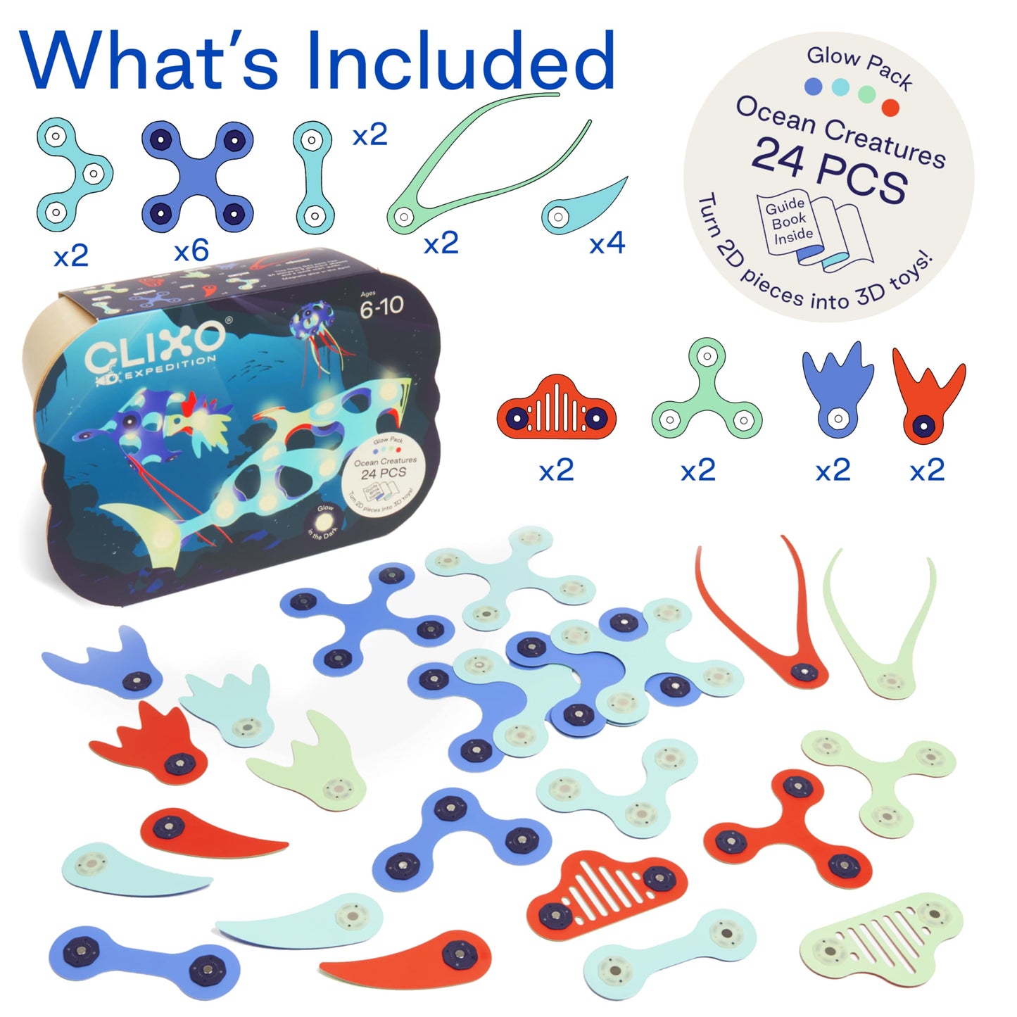 Clixo Ocean Creatures Pack – Glow-in-the-Dark Magnetic Building Toy (24 Pieces) for Underwater Adventures