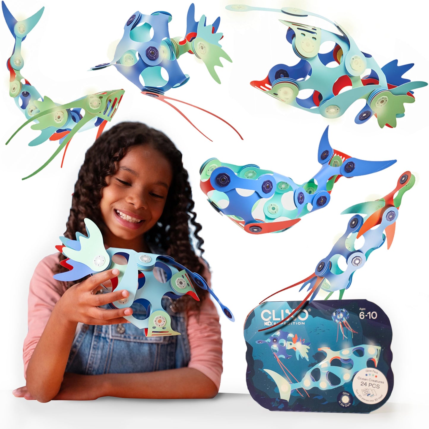 Clixo Ocean Creatures Pack – Glow-in-the-Dark Magnetic Building Toy (24 Pieces) for Underwater Adventures