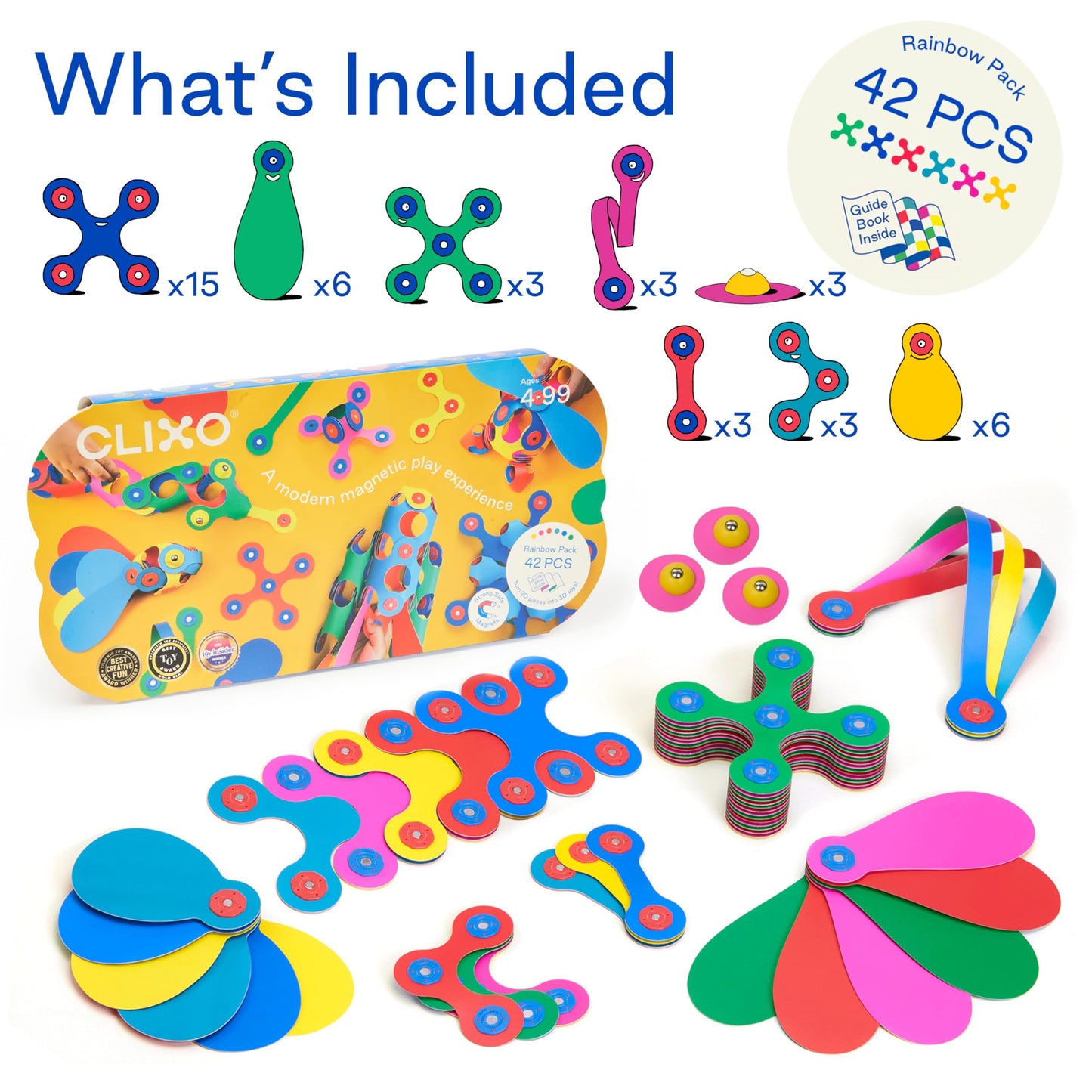 Clixo Rainbow 42 Piece Pack | Flexible Magnetic Building Toy for STEM Play