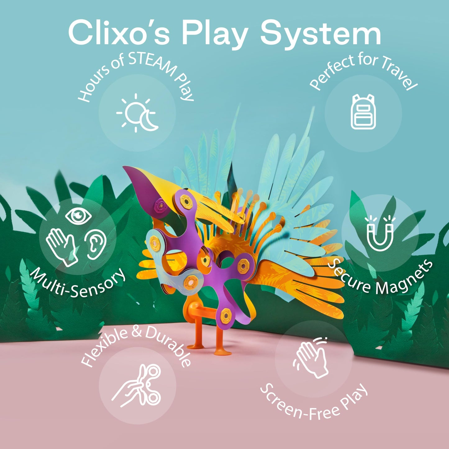 Clixo Tropical Birds Pack – Magnetic STEM Toy with Wing-Flapping Action (Ages 6+)