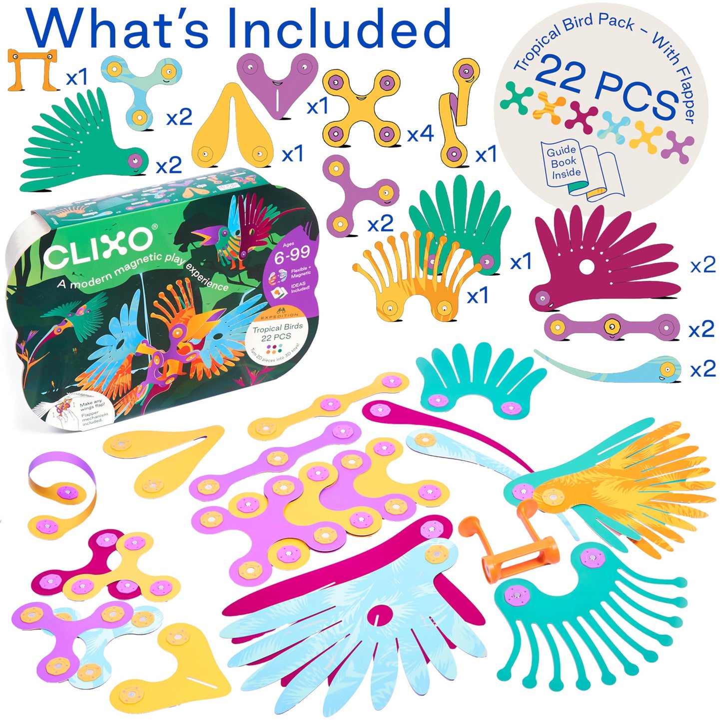 Clixo Tropical Birds Pack – Magnetic STEM Toy with Wing-Flapping Action (Ages 6+)