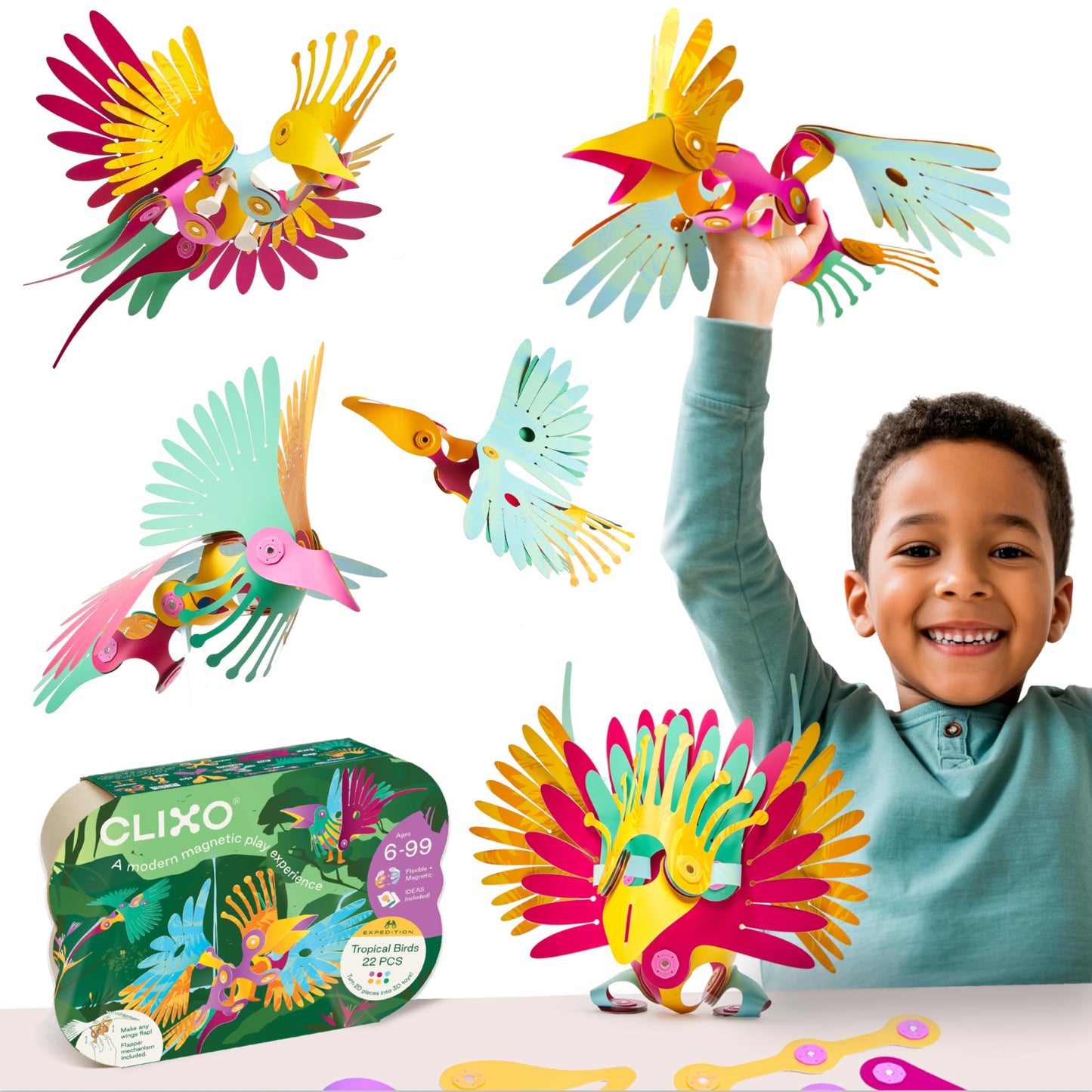 Clixo Tropical Birds Pack – Magnetic STEM Toy with Wing-Flapping Action (Ages 6+)